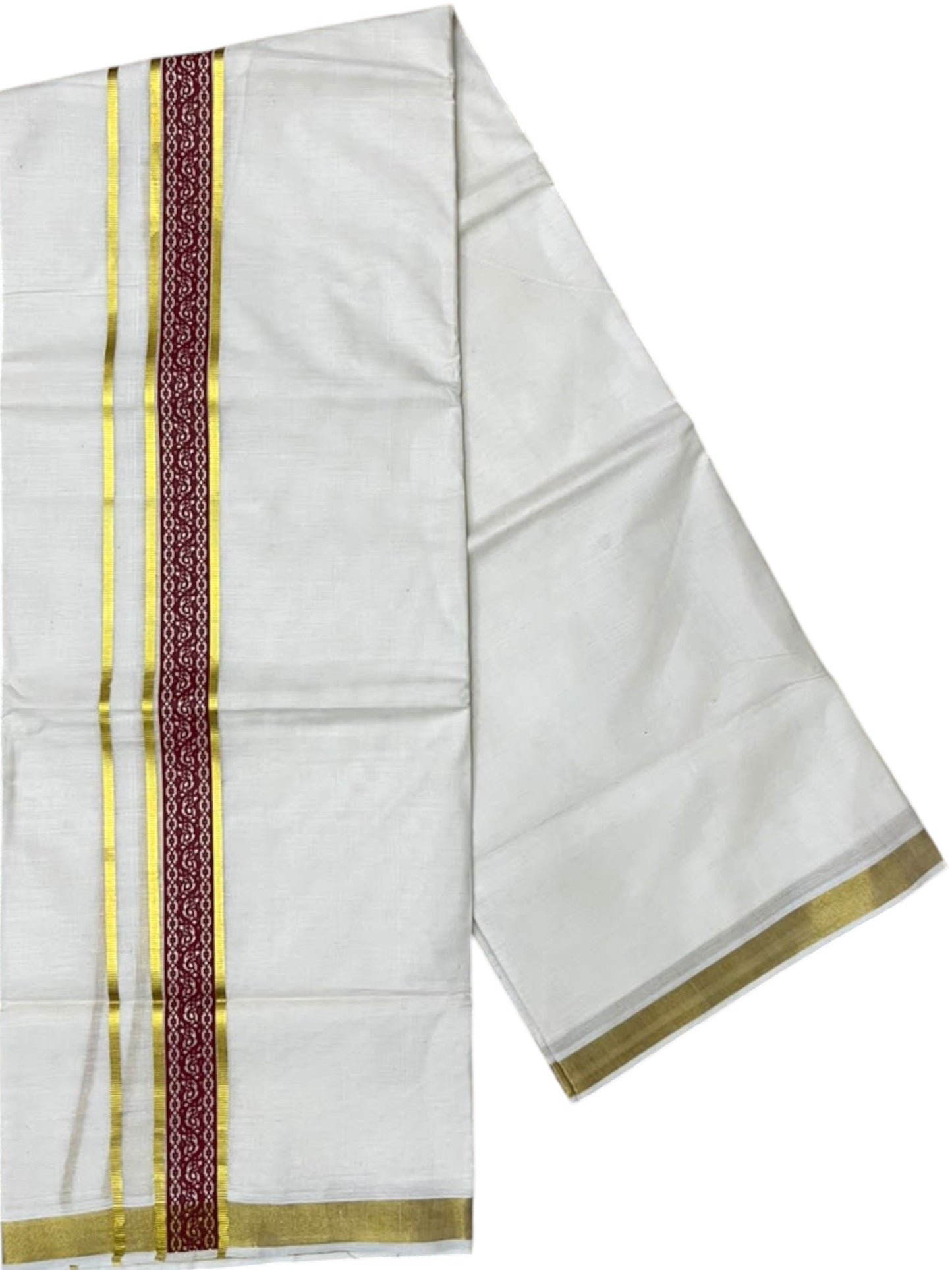 Southloom Pure Cotton Double Mundu with Maroon Block Printed And Ksavu Border (South Indian Kerala Dhoti)