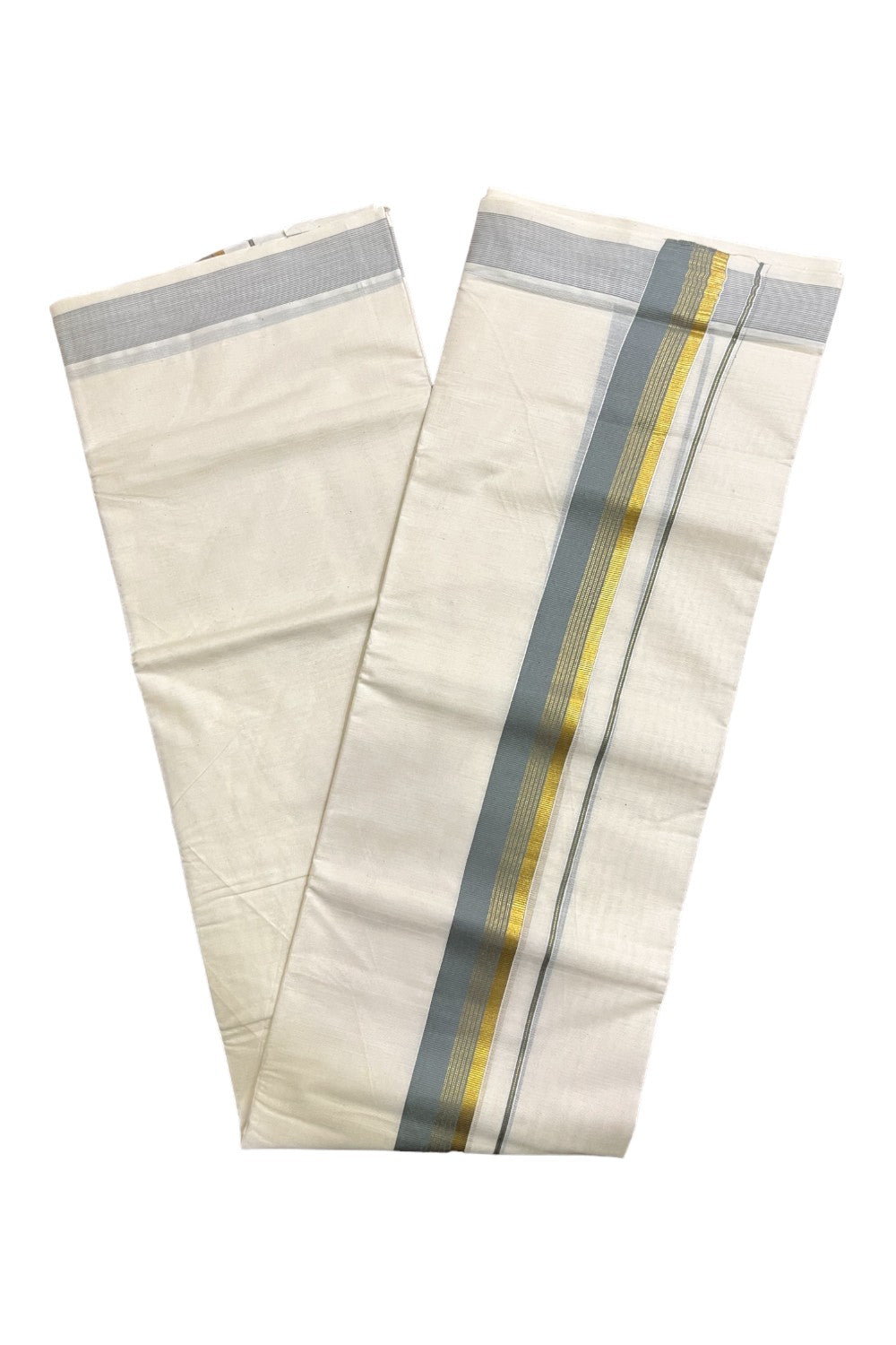 Kerala Pure Cotton Double Mundu with Grey and Kasavu Border (South Indian Kerala Dhoti)