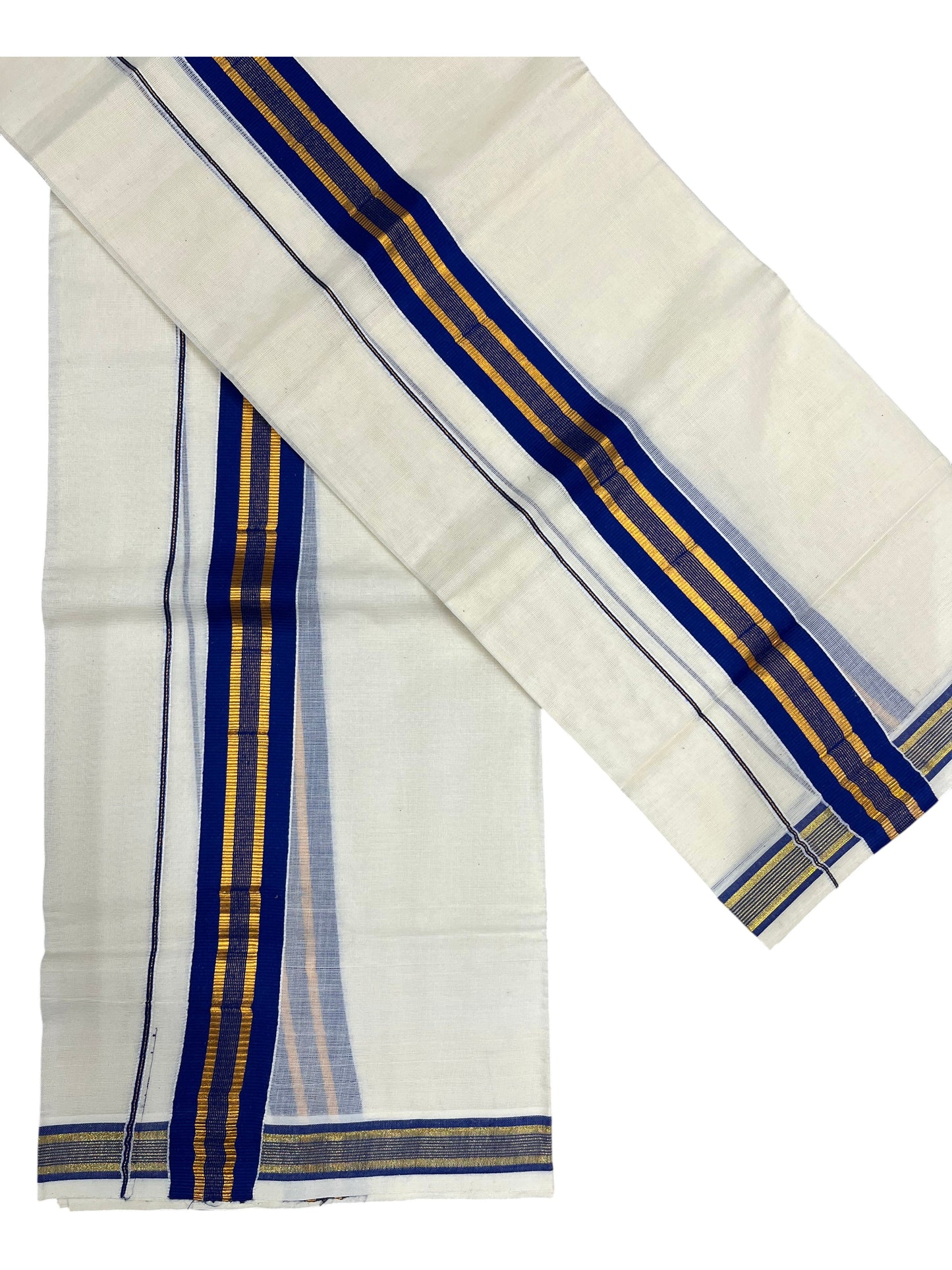 Southloom Kerala Cotton Single Set Mundu (Mundum Neriyathum) with Kasavu and Blue Border  SLKK SL470