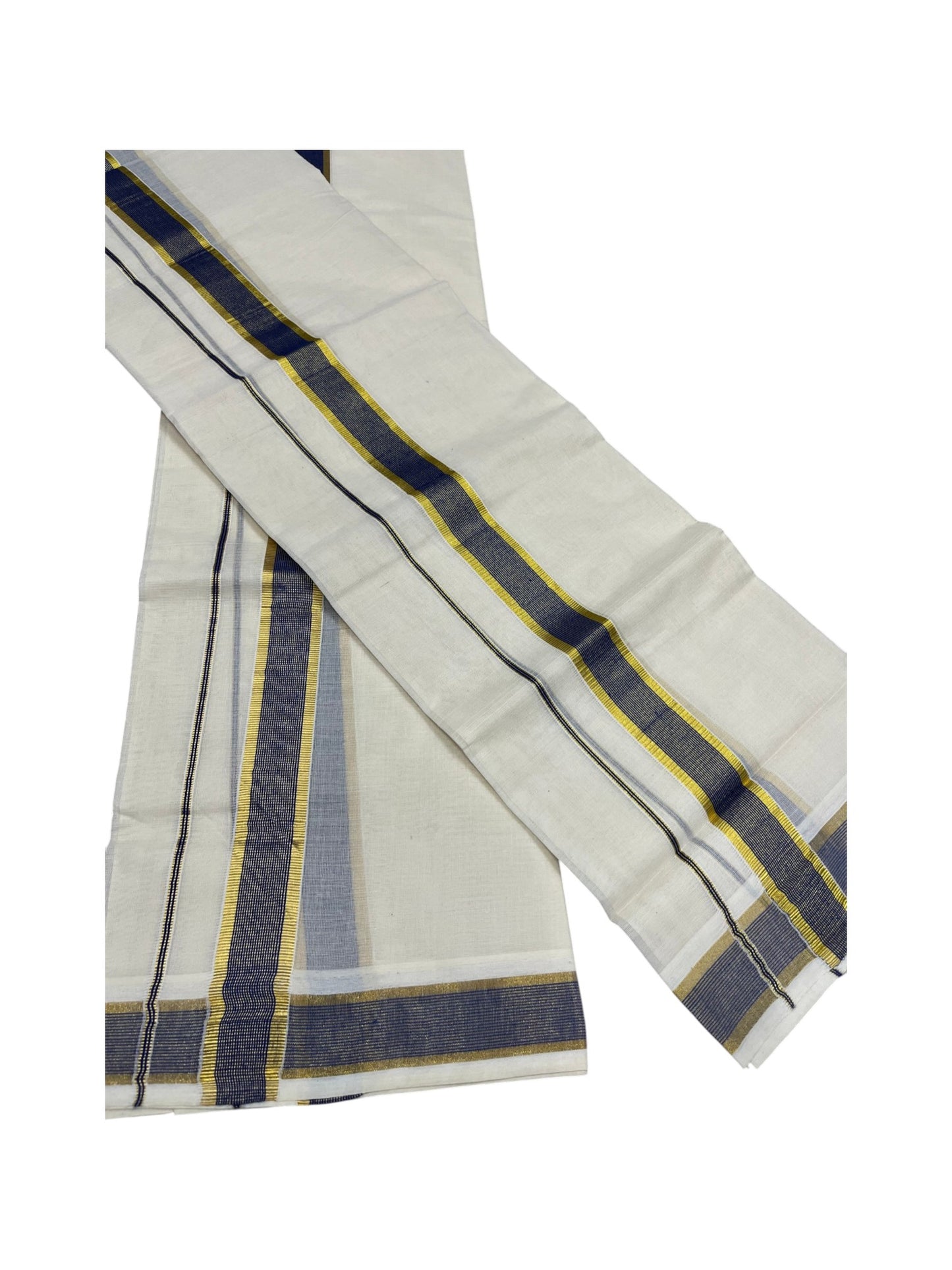 Southloom Pure Cotton Kerala Kasavu Set Mundu (Mundum Neriyathum) Kasavu & Blue Border in 2.80 Mtrs