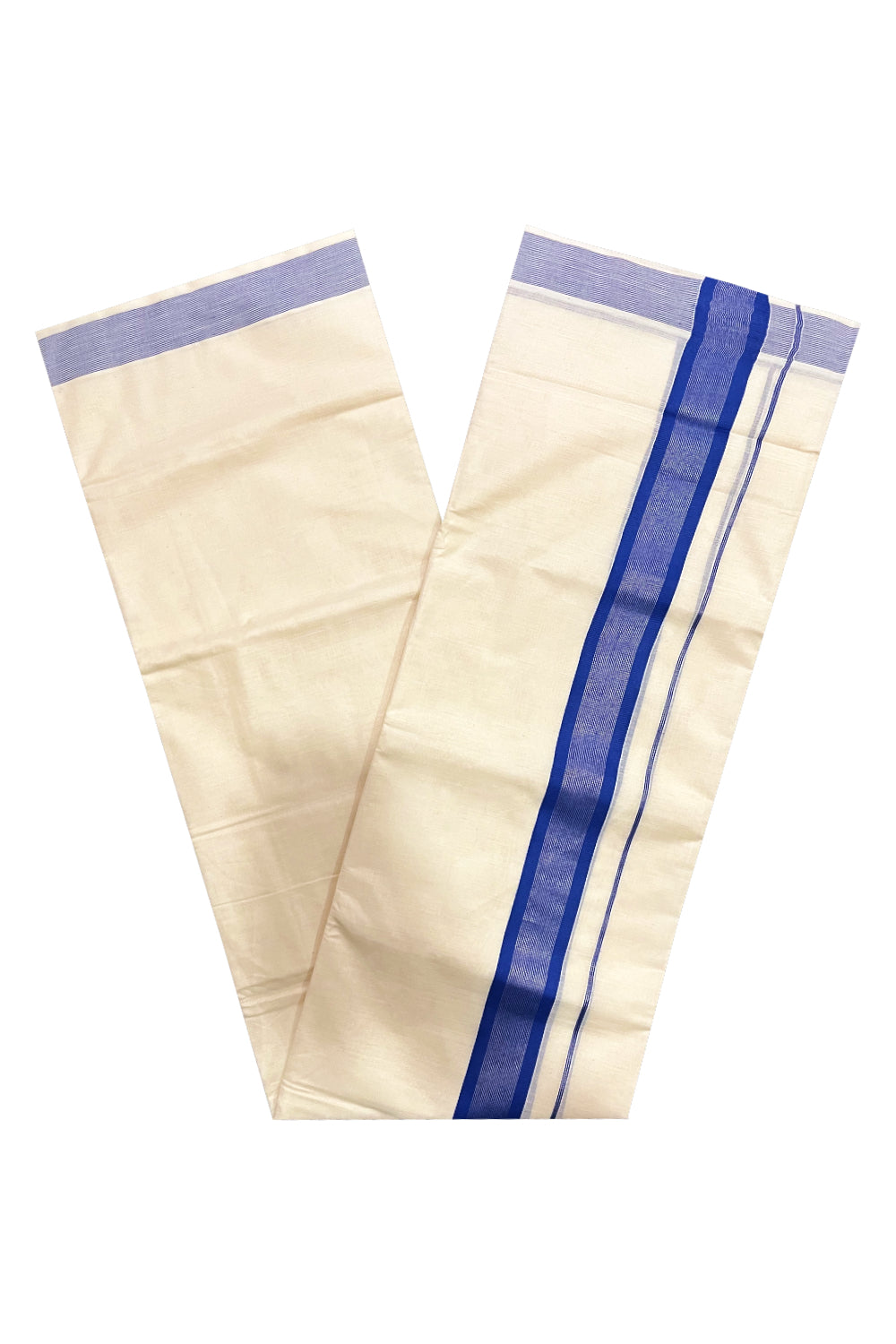 Kerala Pure Cotton Double Mundu with Blue and Silver Kasavu Border (South Indian Kerala Dhoti)