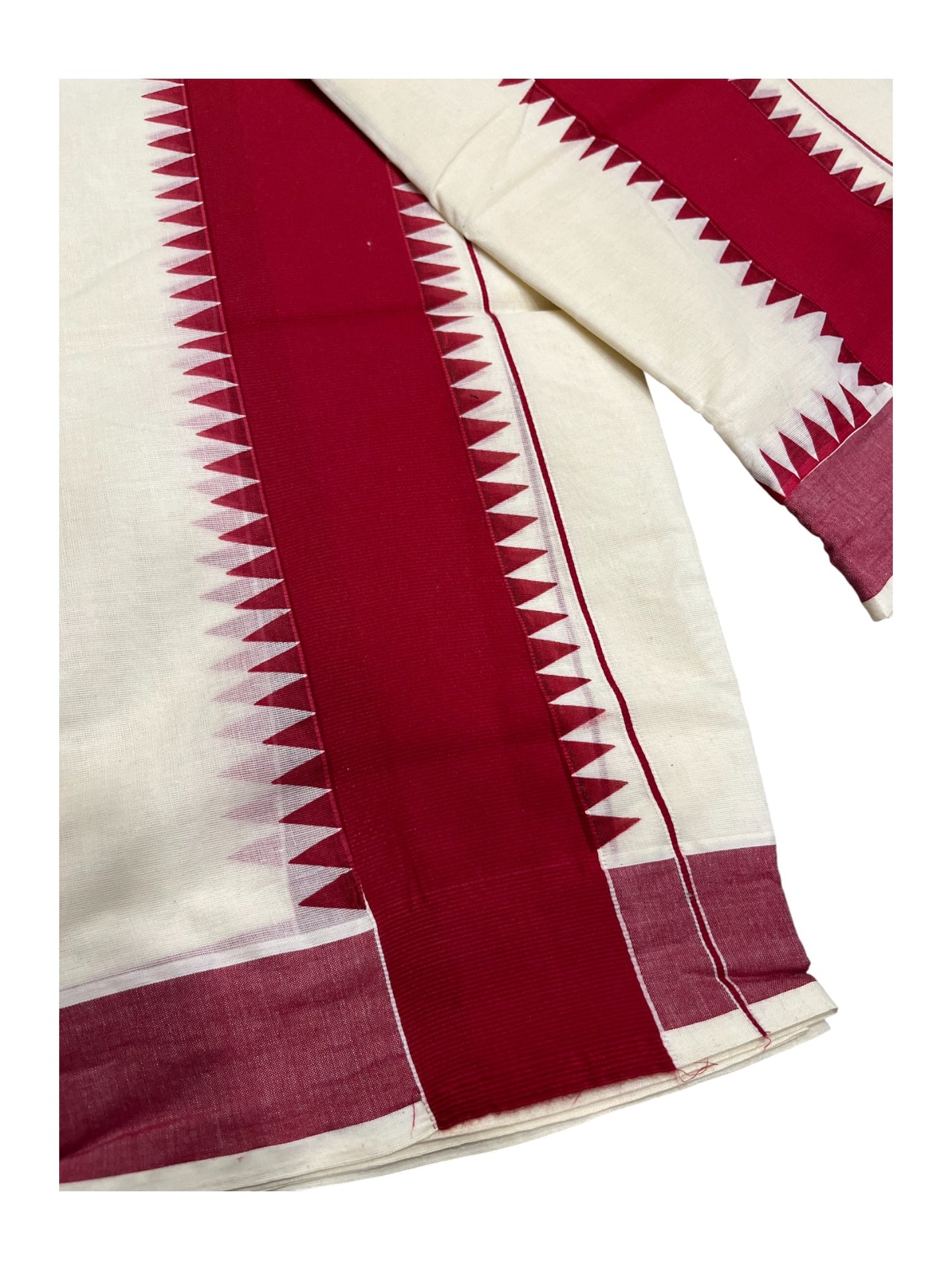 Kerala Pure Cotton Set Mundu Single (Mundum Neriyathum) with Maroon Temple Border 2.80 Mtrs