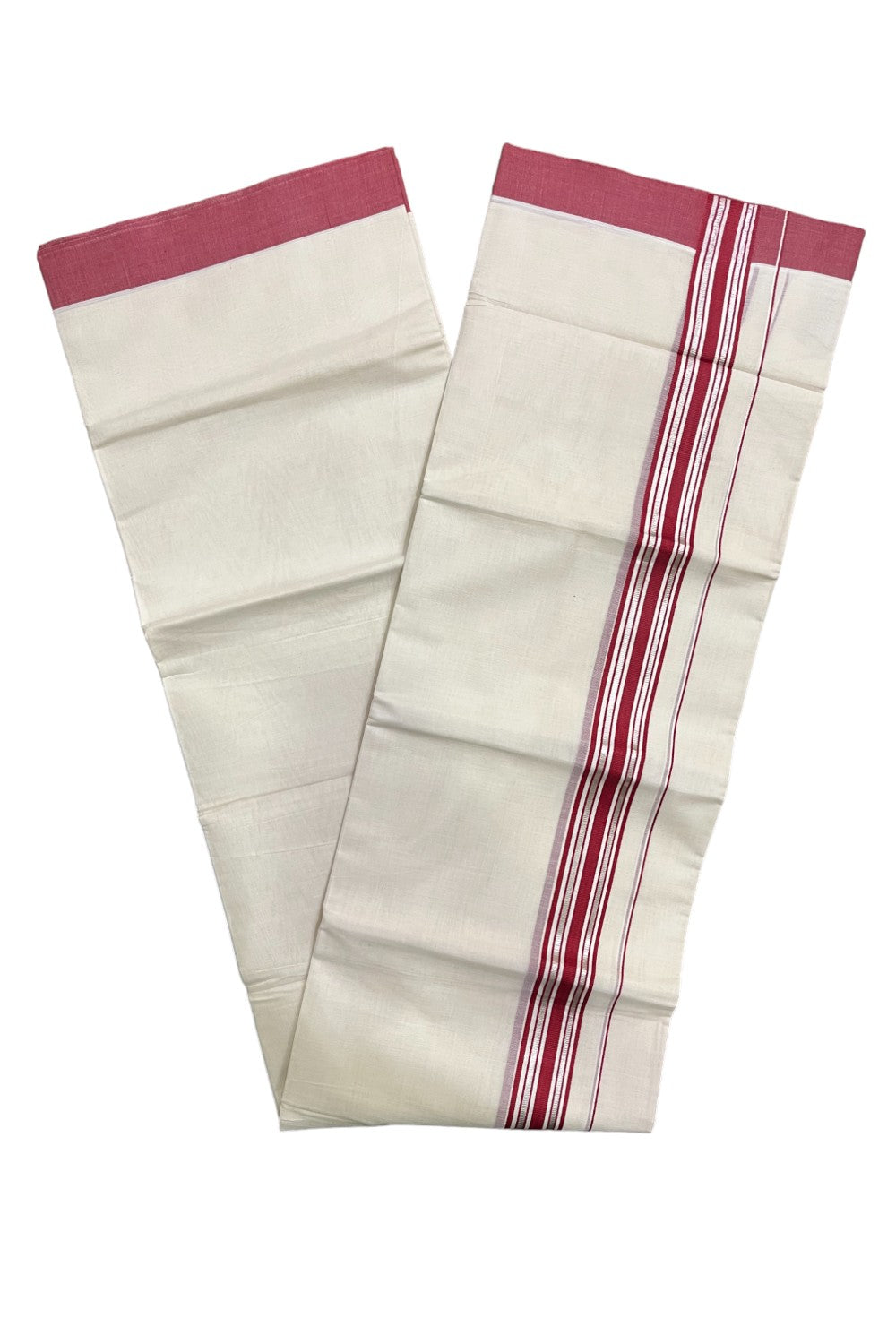 Kerala Pure Cotton Double Mundu with Silver Kasavu and Maroon Border (South Indian Kerala Dhoti)