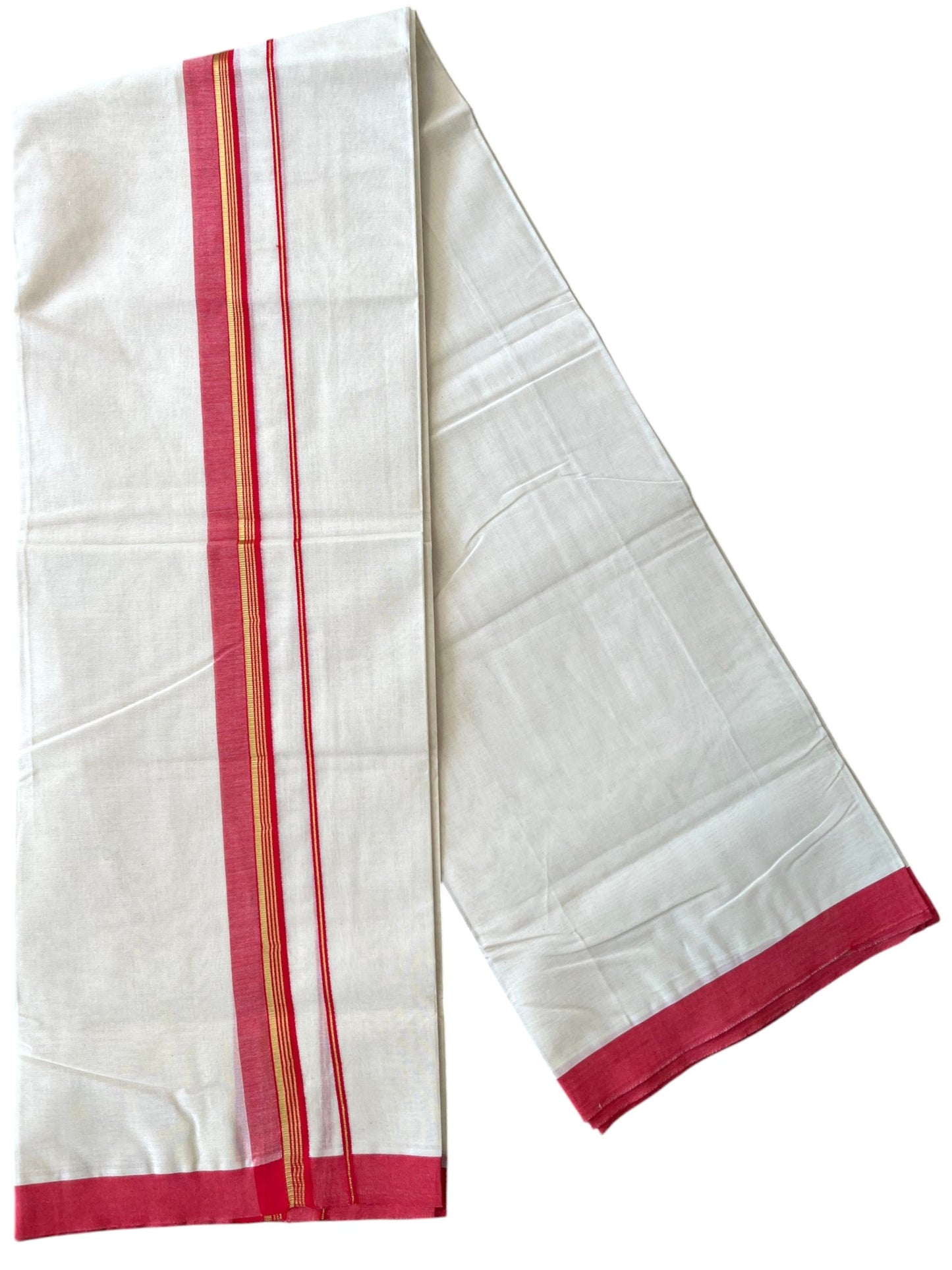 Southloom Pure Cotton Mundu with Golden Lines and Red Border (South Indian Kerala Dhoti)