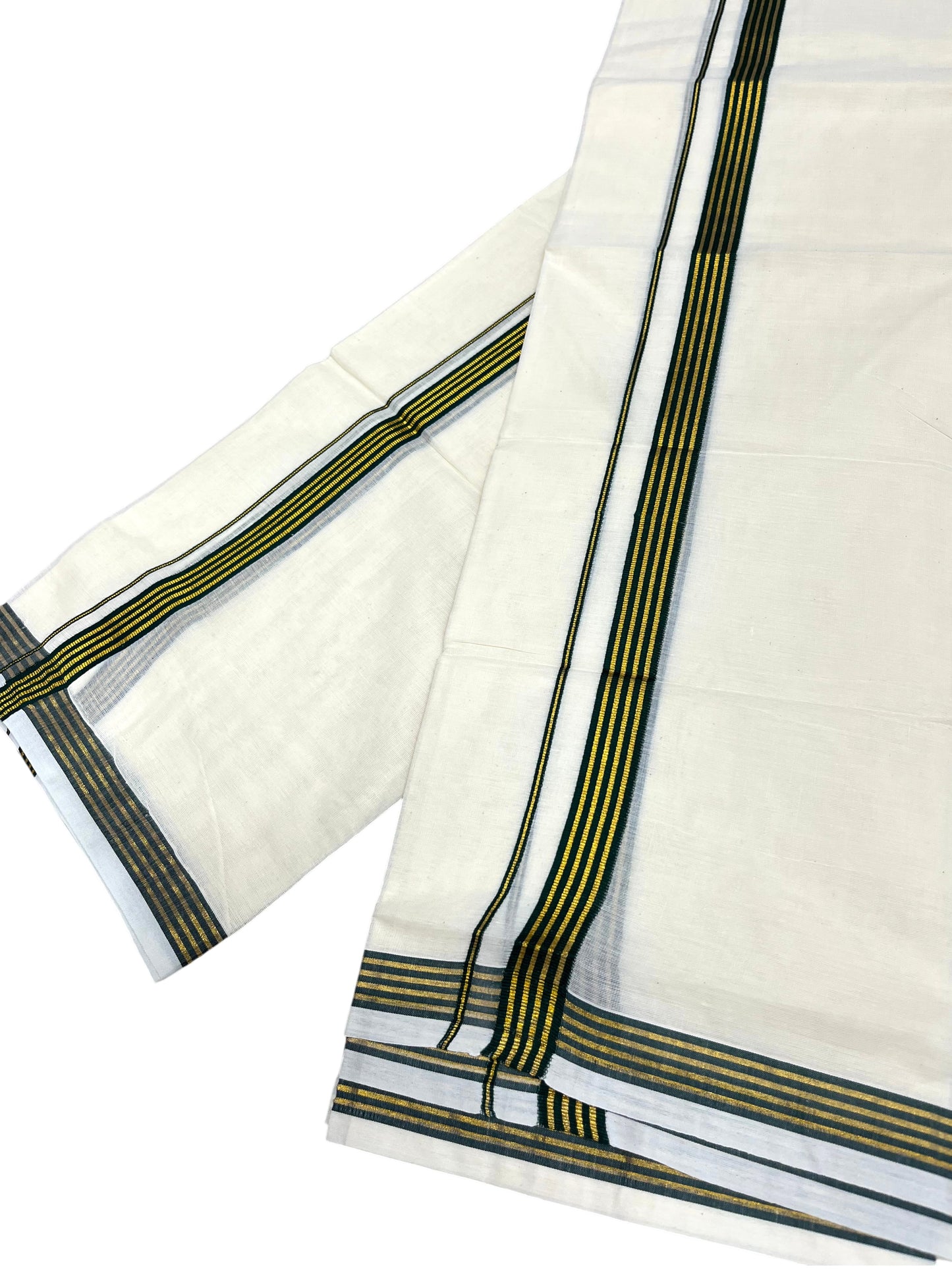 Southloom Pure Cotton Kerala Single Set Mundu (Mundum Neriyathum) with Green Kasavu Border in 2.80 Mtrs