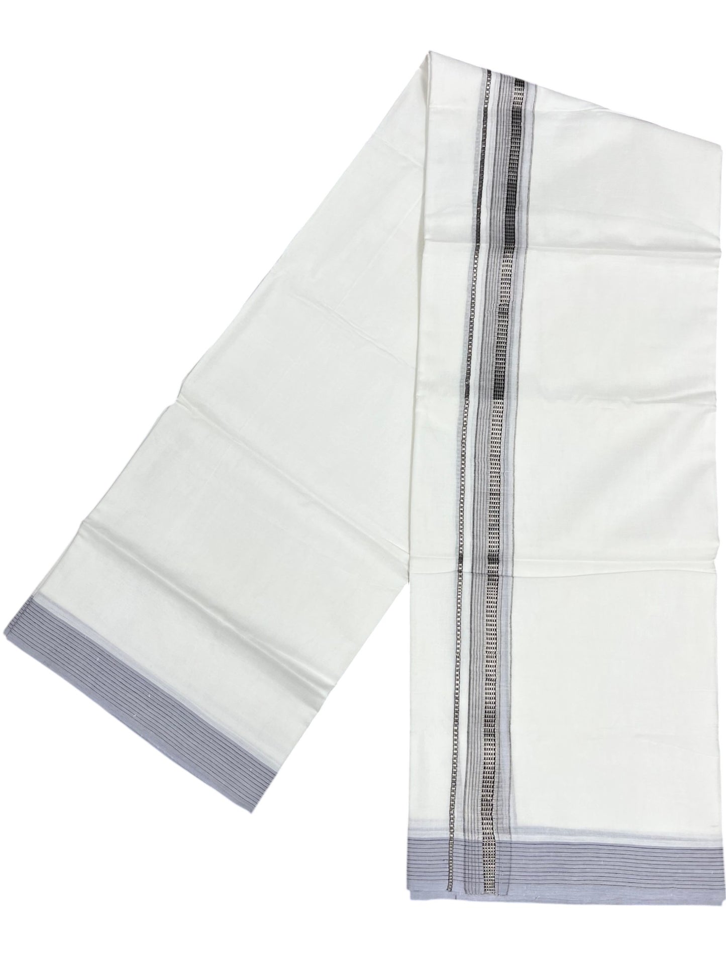 Southloom Pure White Cotton Mundu with Silver Line & Gray Border (South Indian Kerala Dhoti)