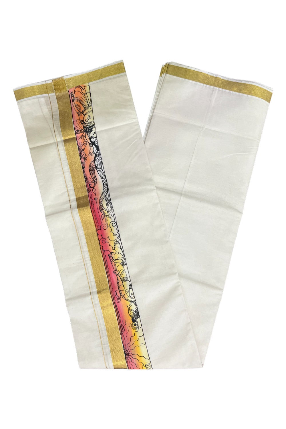 Kerala Pure Cotton Double Mundu with Mural Hand Painted Design on Kasavu Border (South Indian Kerala Dhoti)