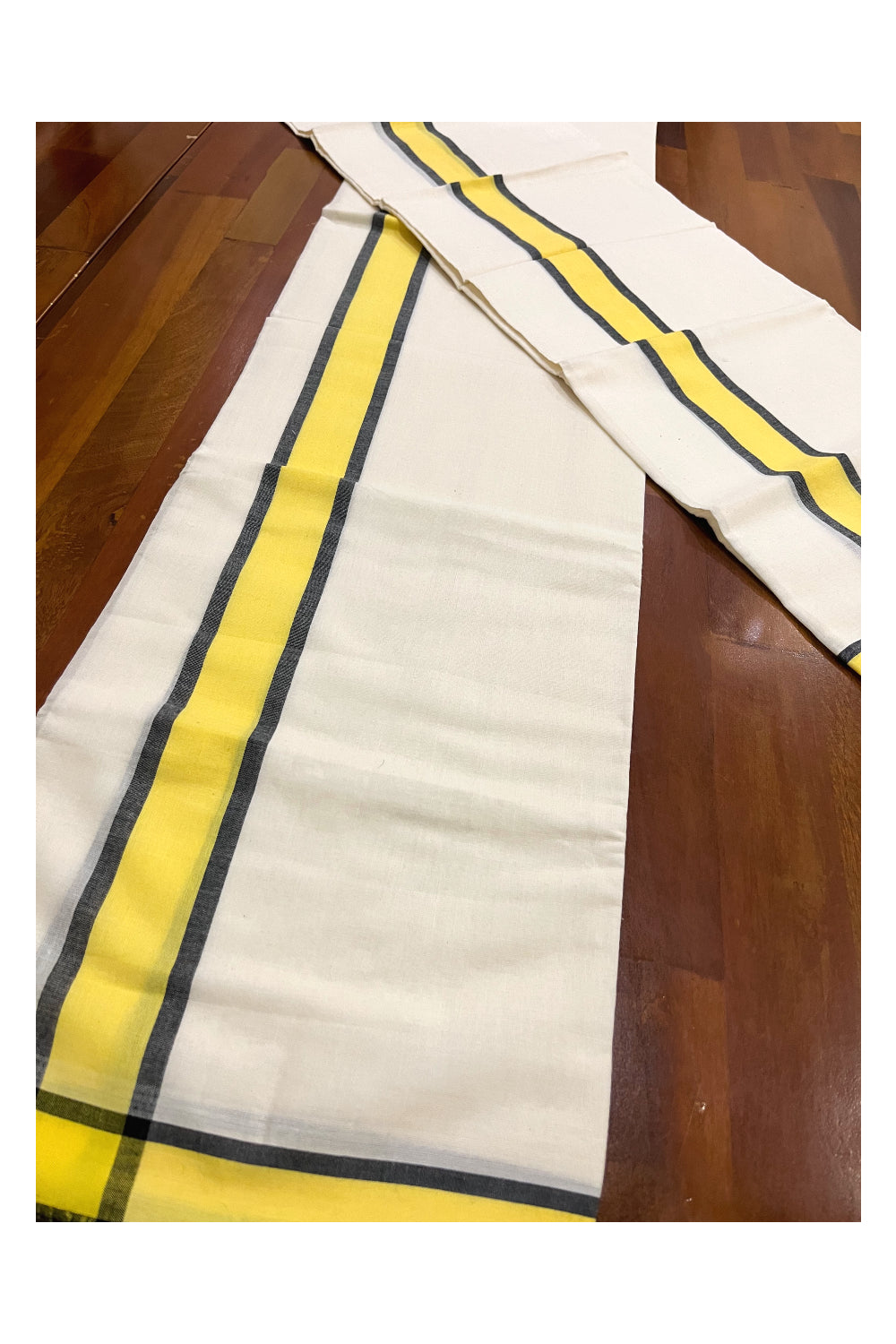 Kerala Cotton Mulloth Single Set Mundu (Mundum Neriyathum) with Yellow Black Border (Extra Soft Cotton)