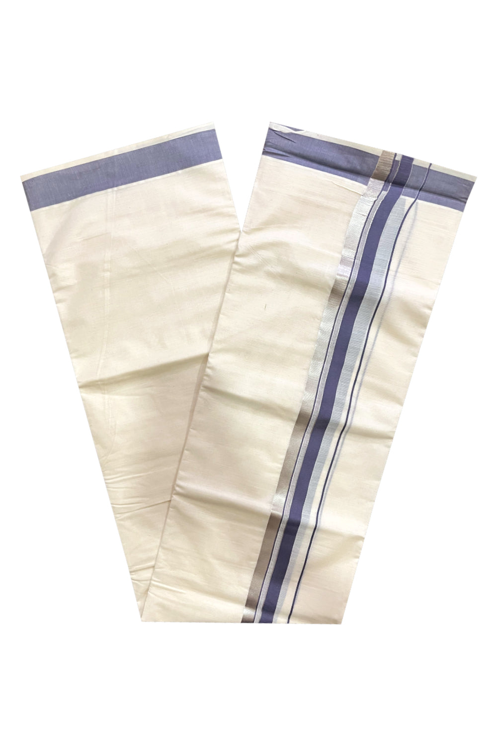 Off White Kerala Cotton Double Mundu with Silver Kasavu and Grey Border (South Indian Kerala Dhoti)