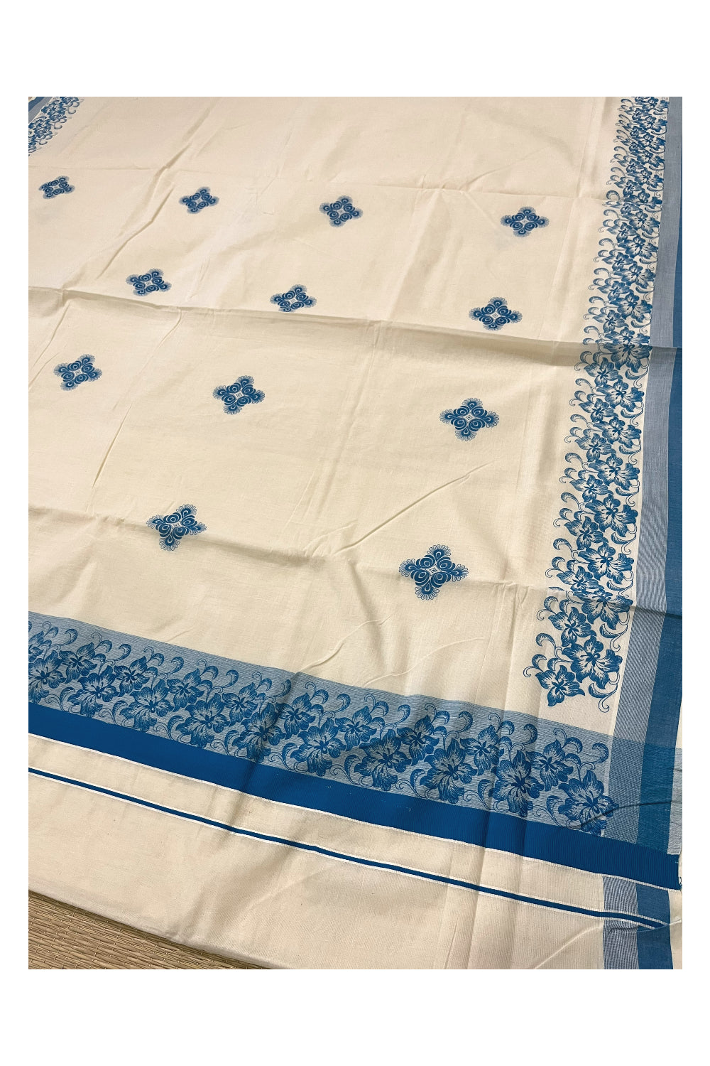 Pure Cotton Off White Kerala Saree with Blue Floral Block Printed Border (Onam Saree 2023)