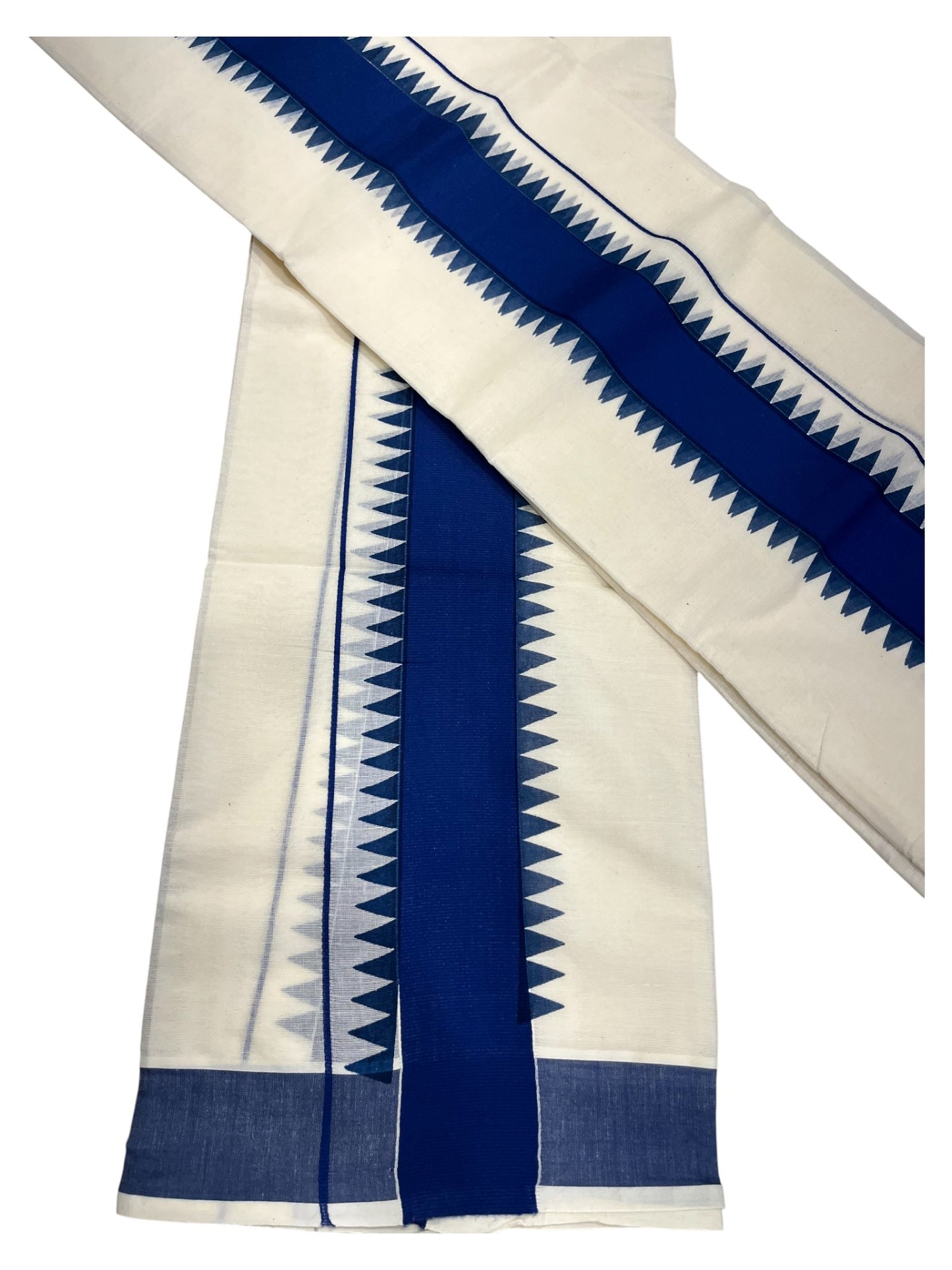 Kerala Pure Cotton Set Mundu Single (Mundum Neriyathum) with Blue Temple Border 2.80 Mtrs