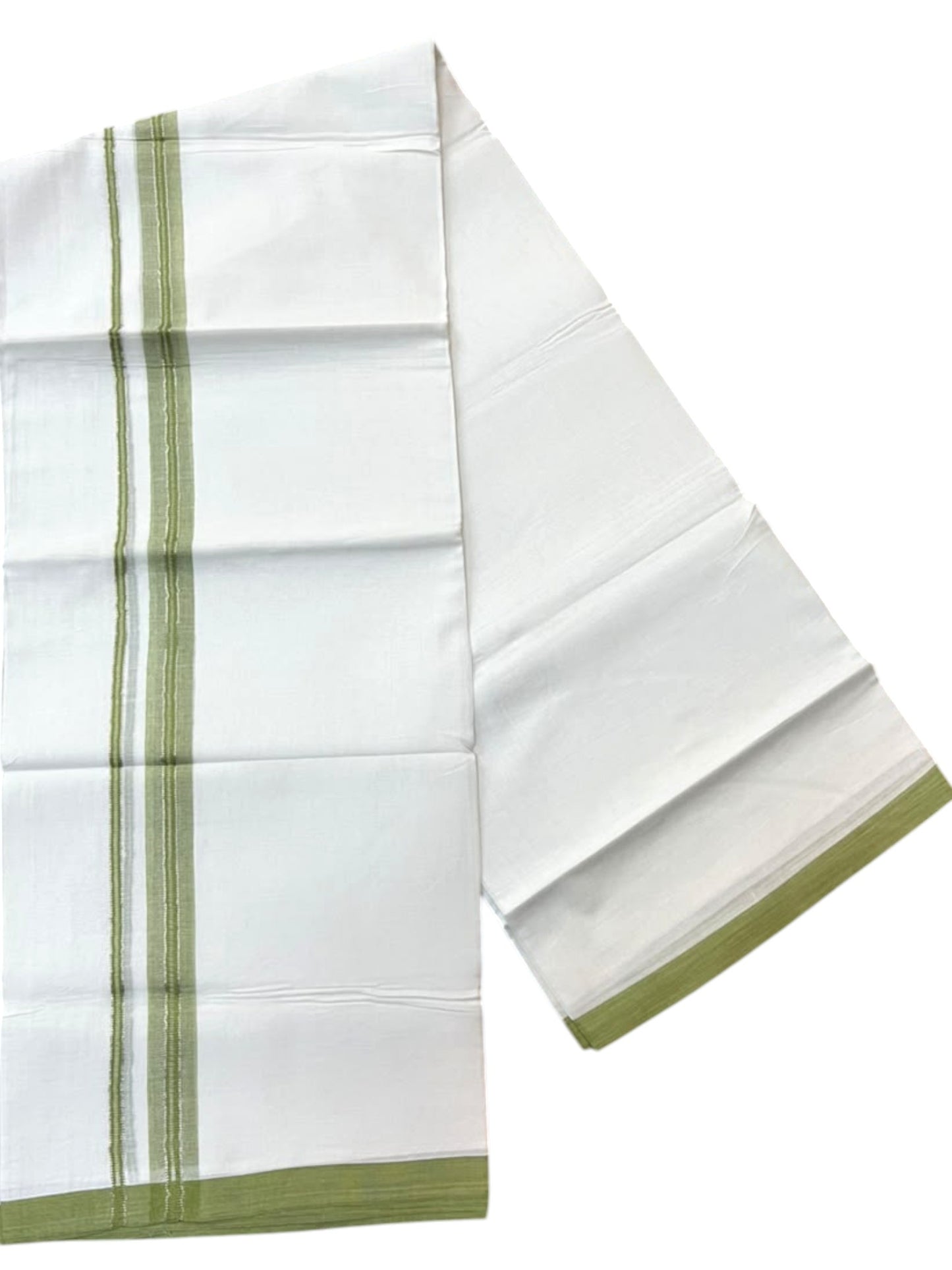 Southloom Pure White Cotton Mundu with Olive Green & Silver Line Border (South Indian Kerala Dhoti)