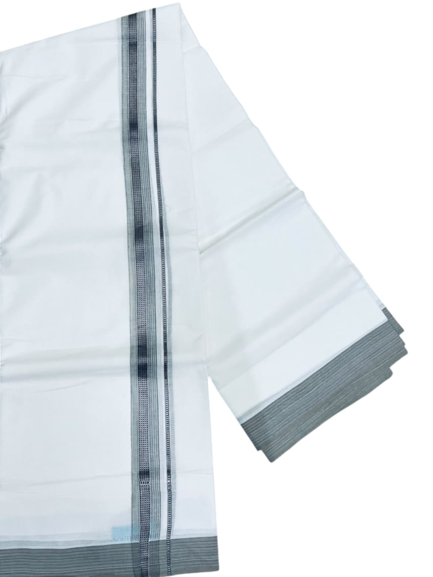 Southloom White Cotton Mundu with Grey & Silver Line Border (South Indian Kerala Dhoti)
