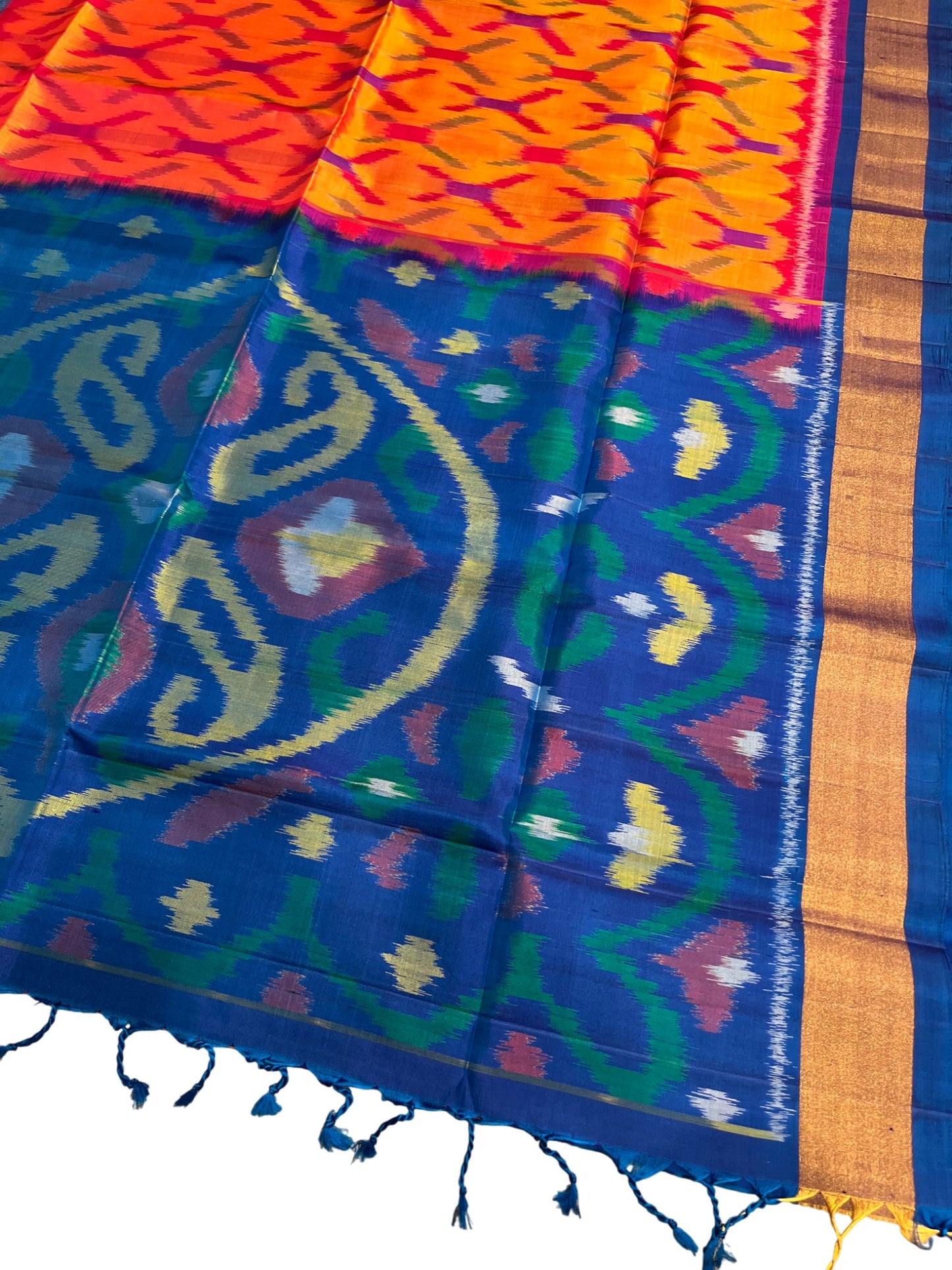 Southloom Pure Handloom Bridal Kanchipuram Silk Saree with Pochampally Work (Orange & Blue)