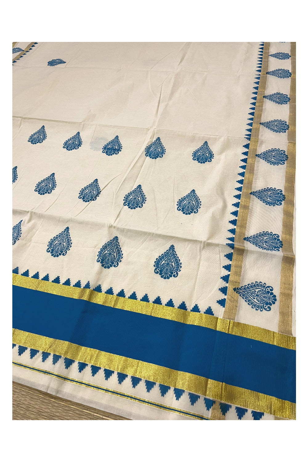 Pure Cotton Kerala Saree with Blue Block Printed Kasavu Border