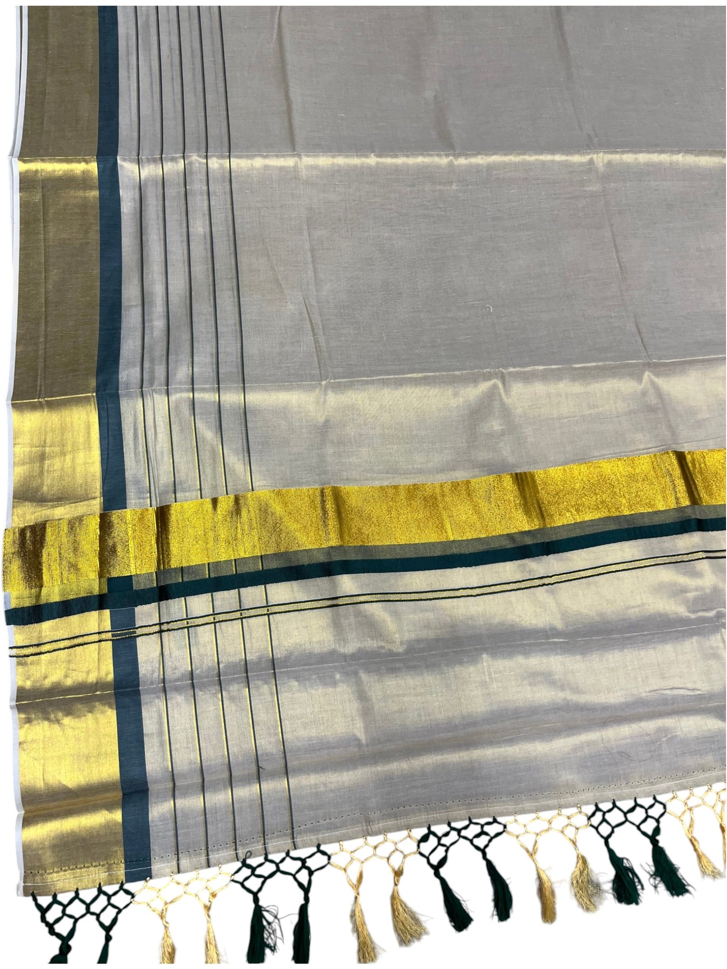 Southloom Kerala Tissue  Kasavu Saree with Stripes on Body with Green Borders