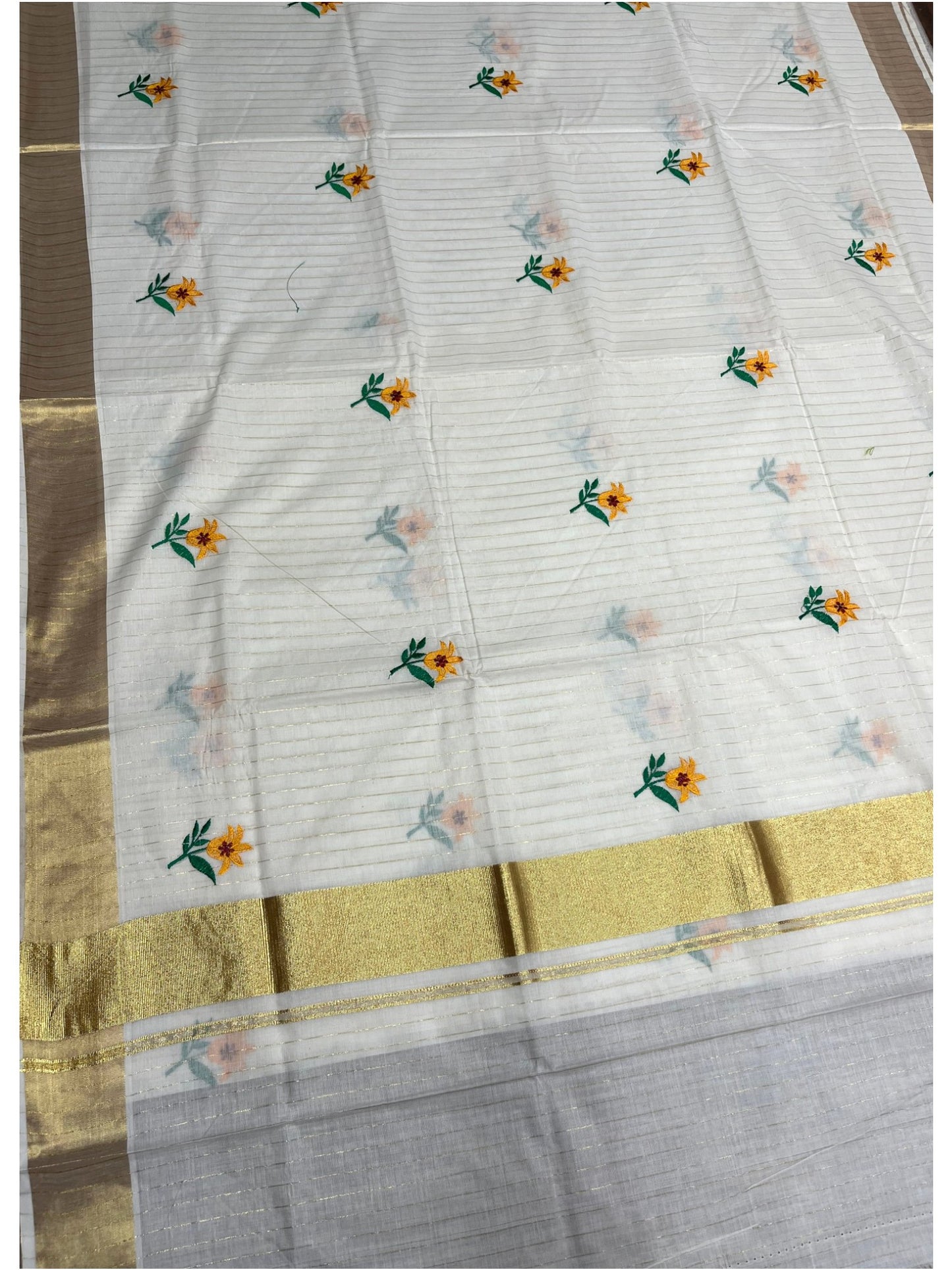 Southloom Kerala Cotton Kasavu Lines Saree with Floral Embroidery Work on Body