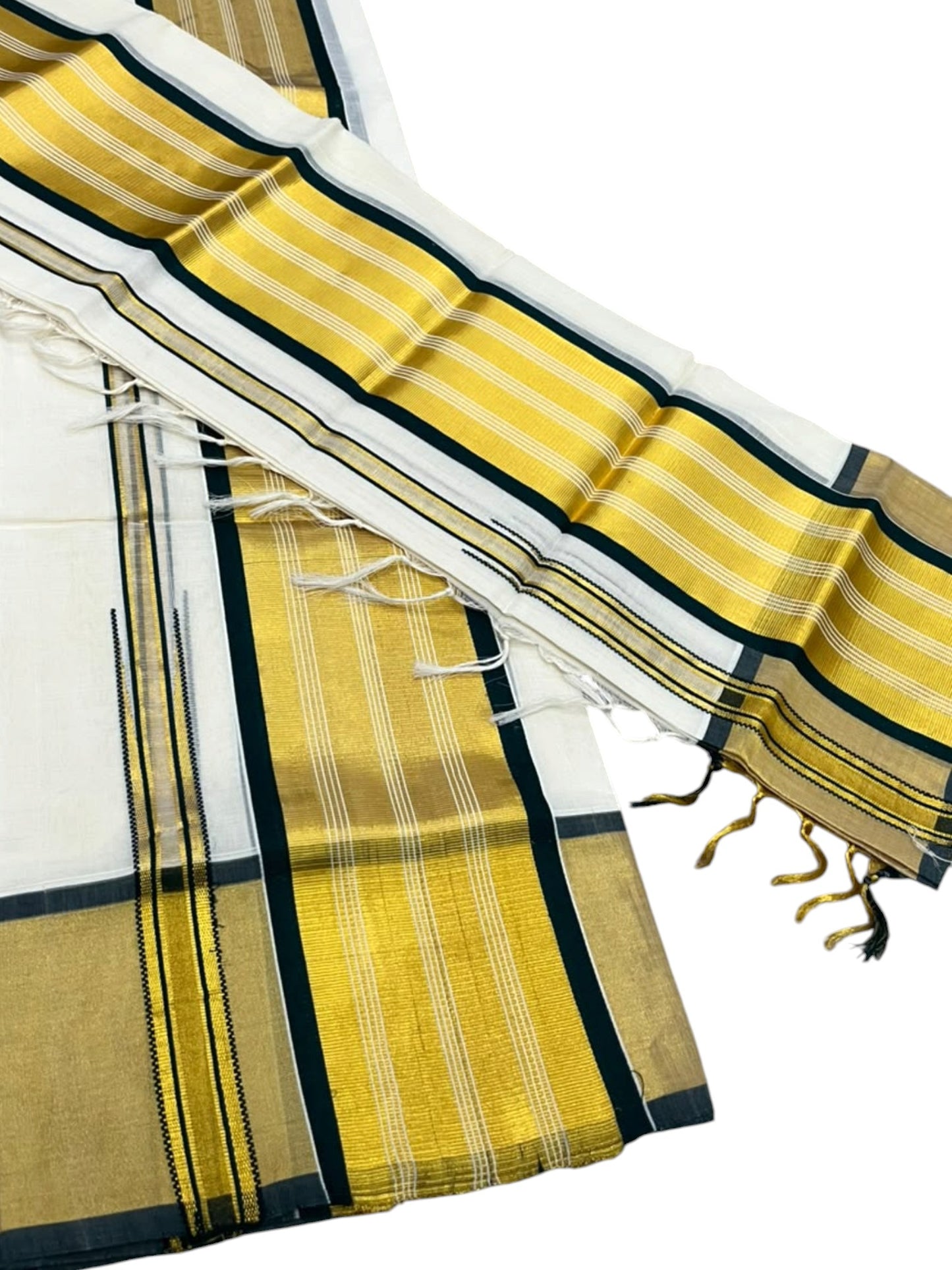 Southloom Premium Cotton Handloom Set Mundu with Kasavu With Green and Golden Border (2.80 Mtr)