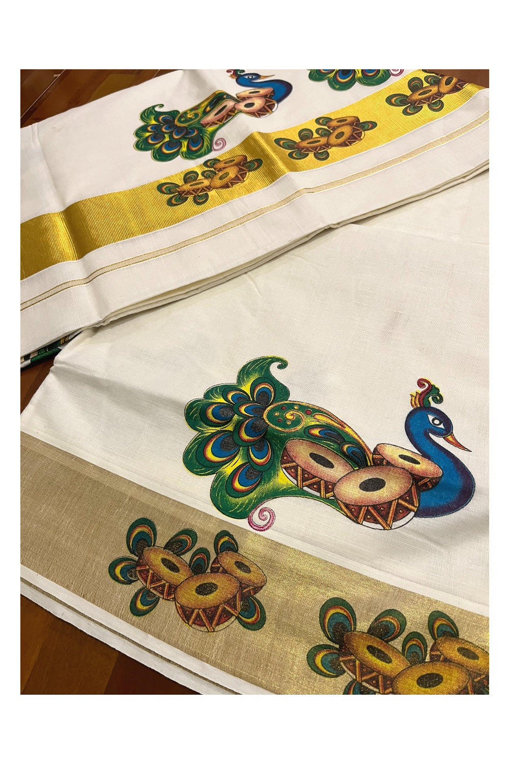 Pure Cotton Kerala Kasavu Saree with Peacock Mural Printed Design