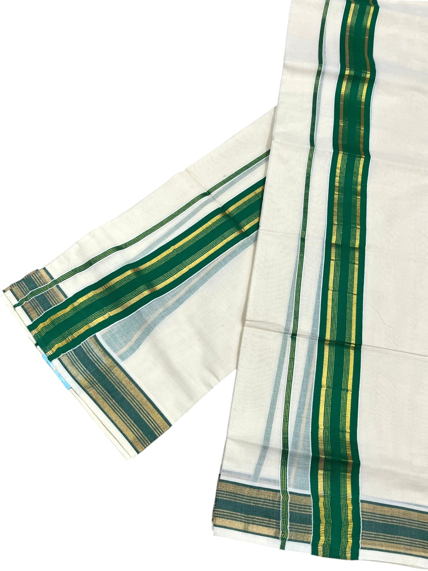 Southloom Kerala Cotton Kasavu Single Set Mundu (Mundum Neriyathum) with Green Kasavu Border SLKK