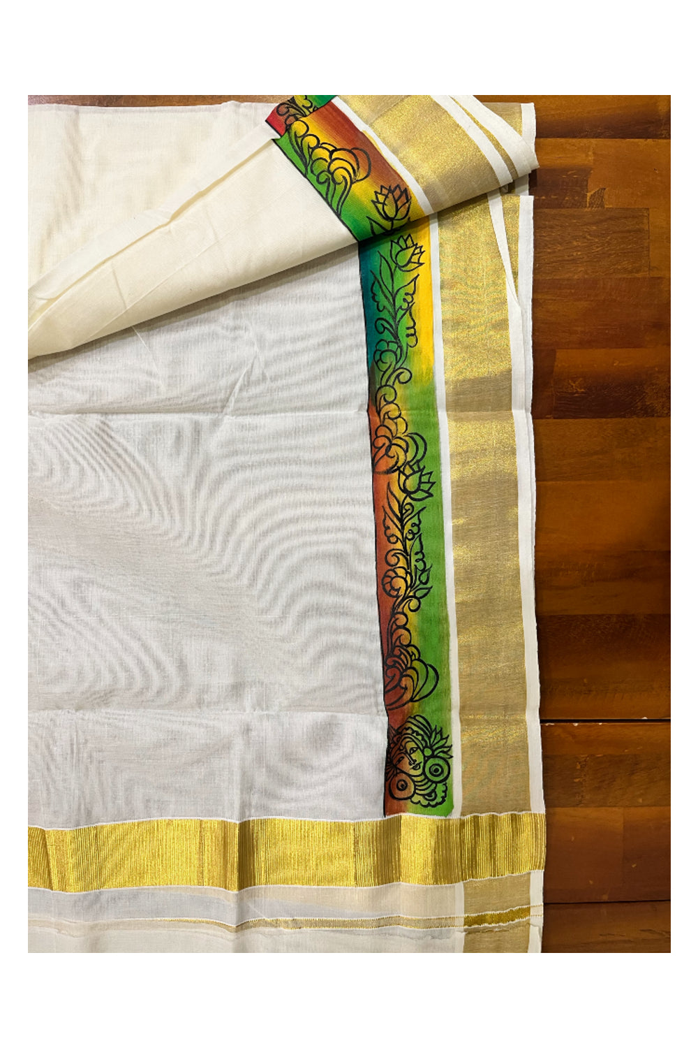 Kerala Cotton Single Set Mundu (Mundum Neriyathum) with Hand Painted Designs with Kasavu Border - 2.80Mtrs