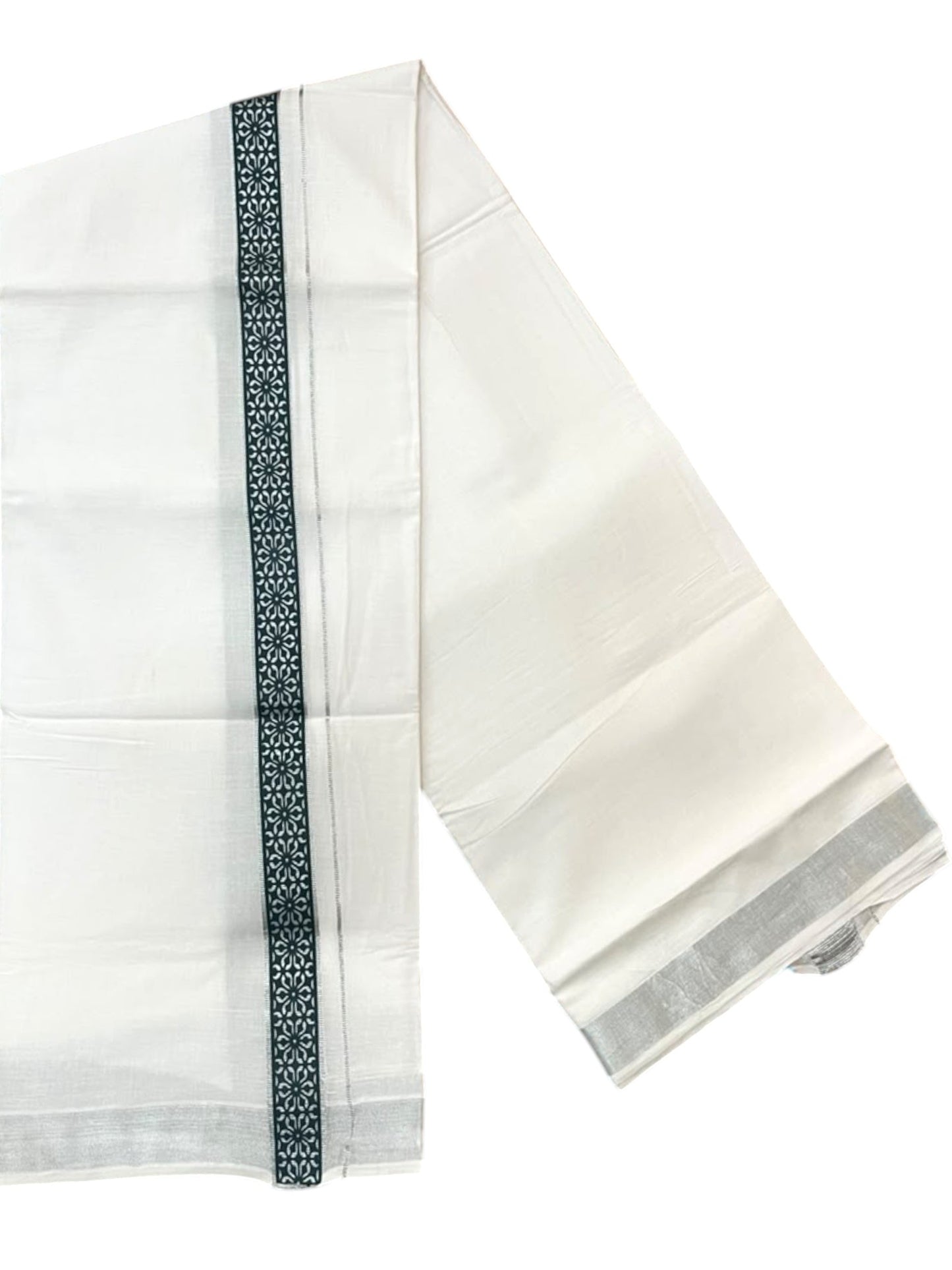 Southloom Pure White Cotton Mundu with Dark Green and Silver Kasavu Border (South Indian Kerala Dhoti)
