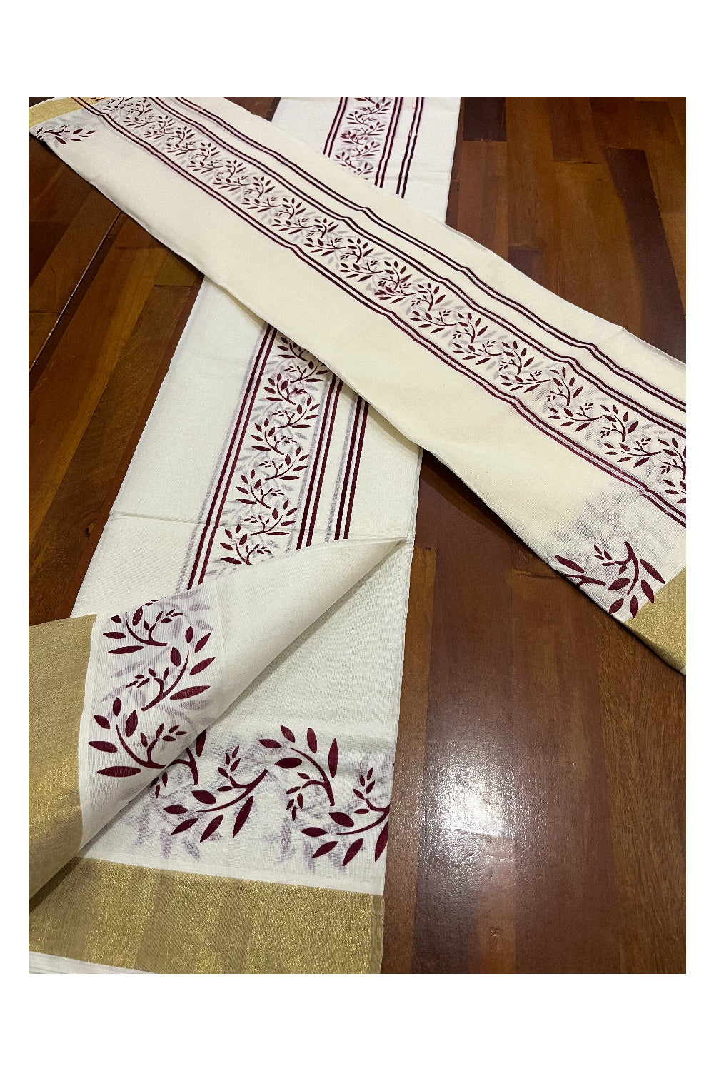 Cotton Kerala Single Set Mundu with Maroon Floral Block Prints