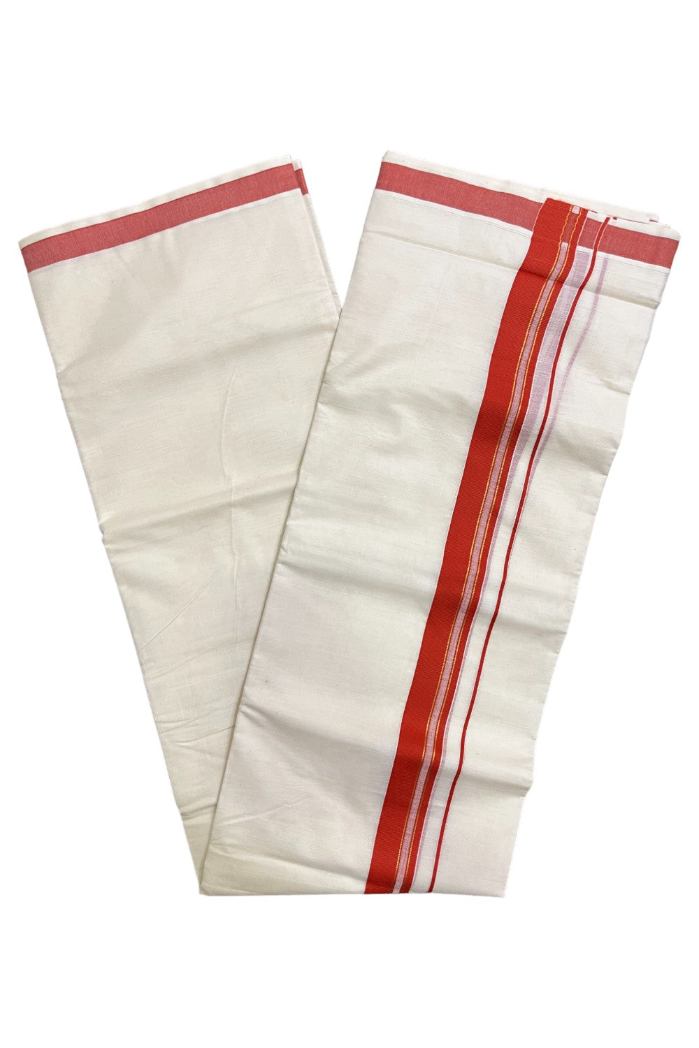 Pure Cotton Kerala Double Mundu with Orange and Kasavu Line Kara (South Indian Kerala Dhoti)