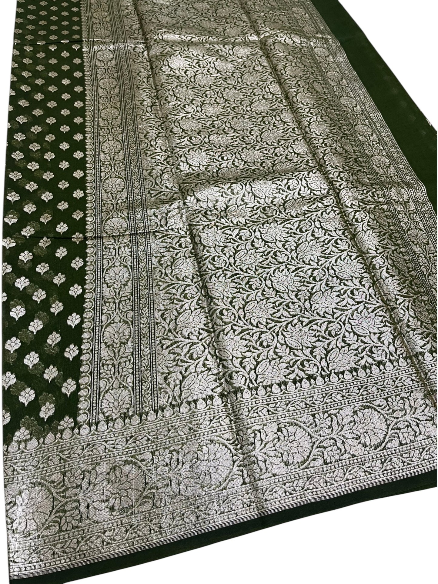 Southloom Cotton Banarasi Silk Saree with Woven Work on Body and Borders (Green)