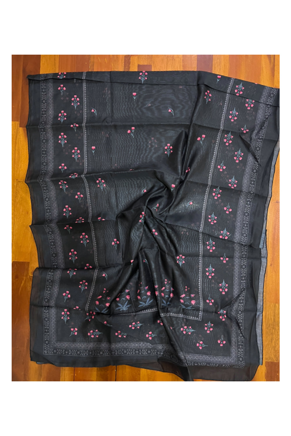 Southloom™ Semi Tussar Churidar Salwar Suit Material in Black with Floral Prints