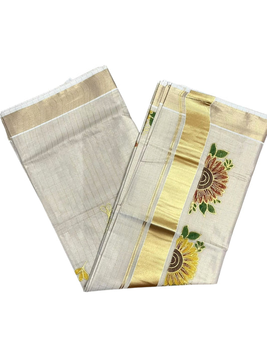 Southloom Kerala Tissue Kasavu Lines Saree with Embroidery Work in Yellow Floral Print