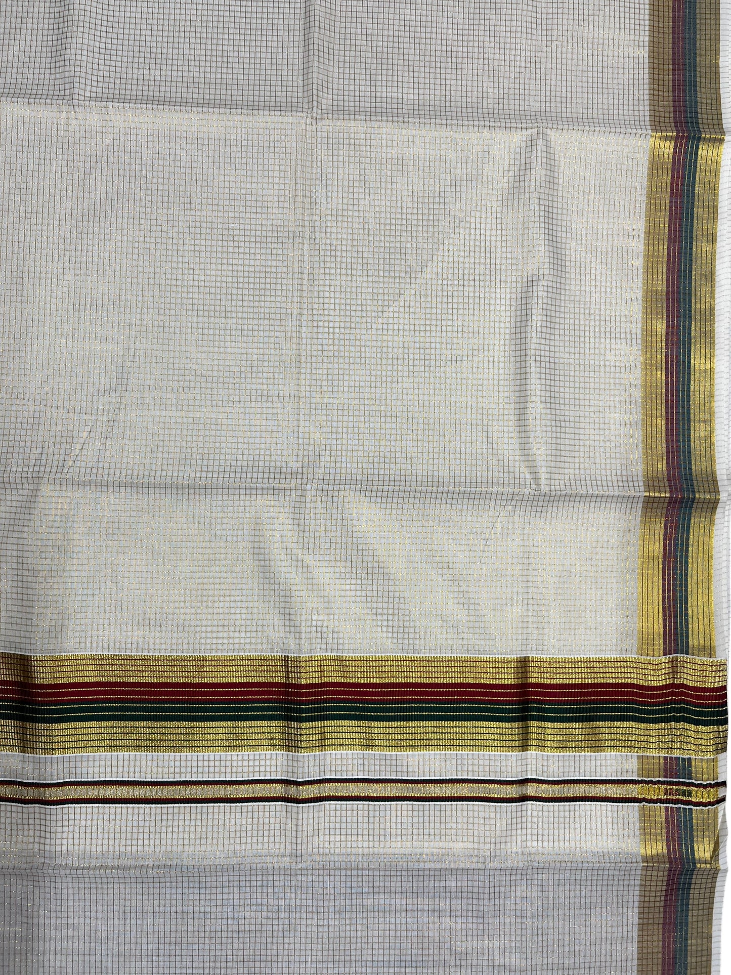 Southloom Kerala Cotton Kasavu Saree with Micro Check Design on Body in Maroon & Green Border
