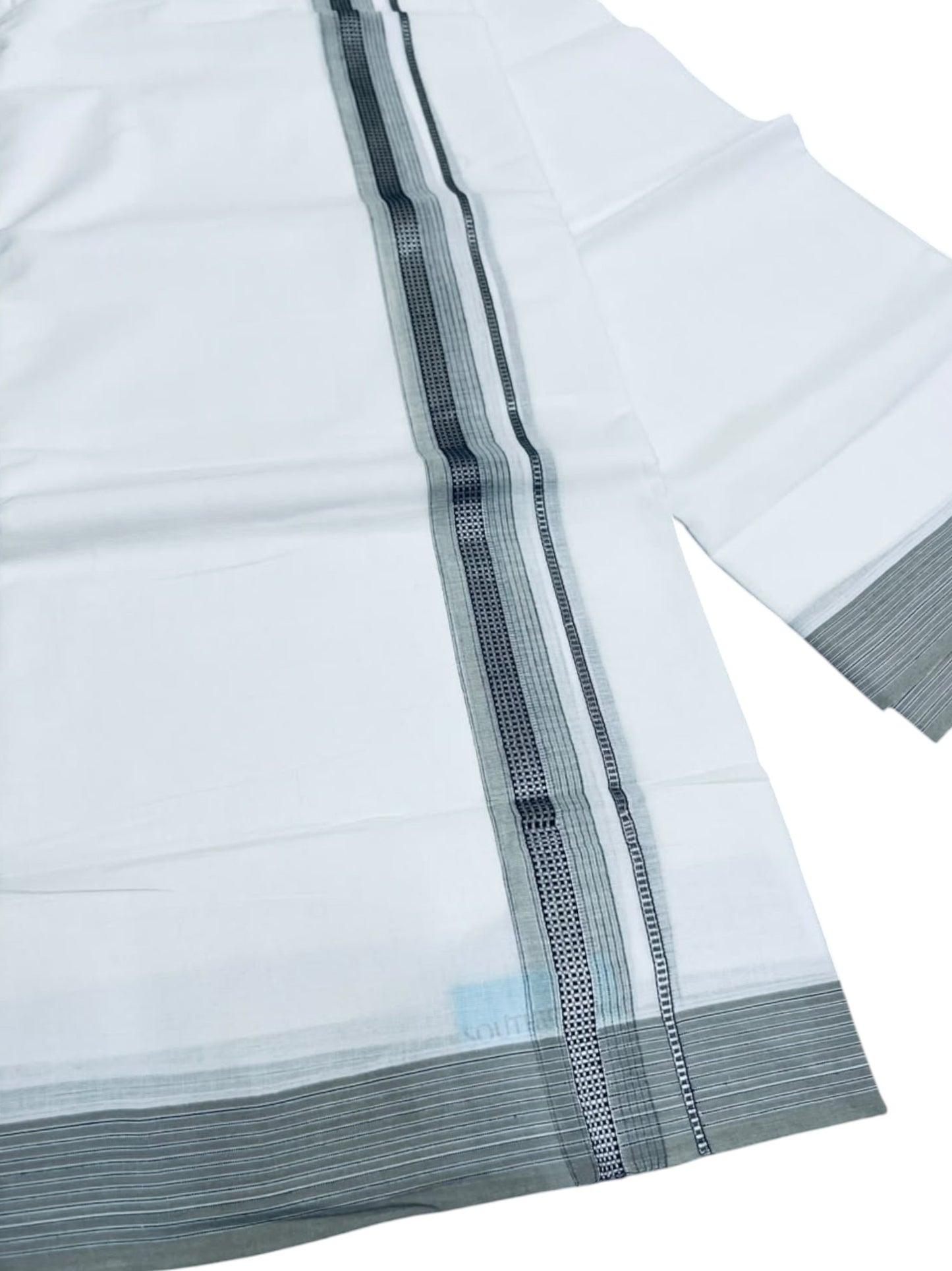 Southloom White Cotton Mundu with Grey & Silver Line Border (South Indian Kerala Dhoti)