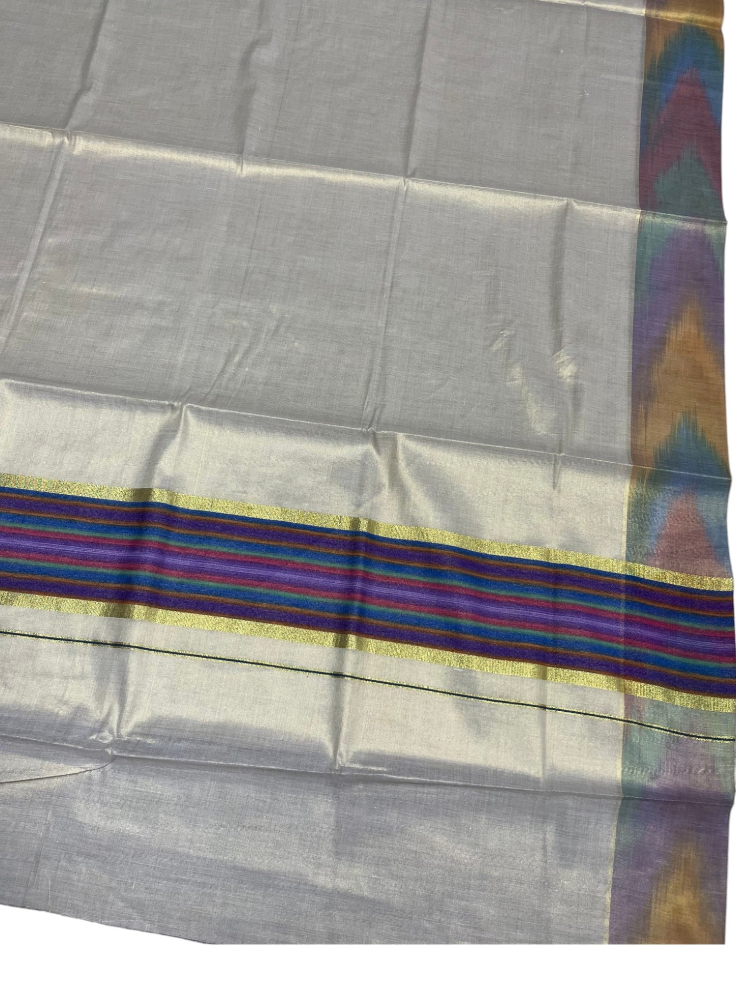 Southloom Kerala Tissue Kasavu Saree with Multi Colour Pochampally Design on Borders and Kara