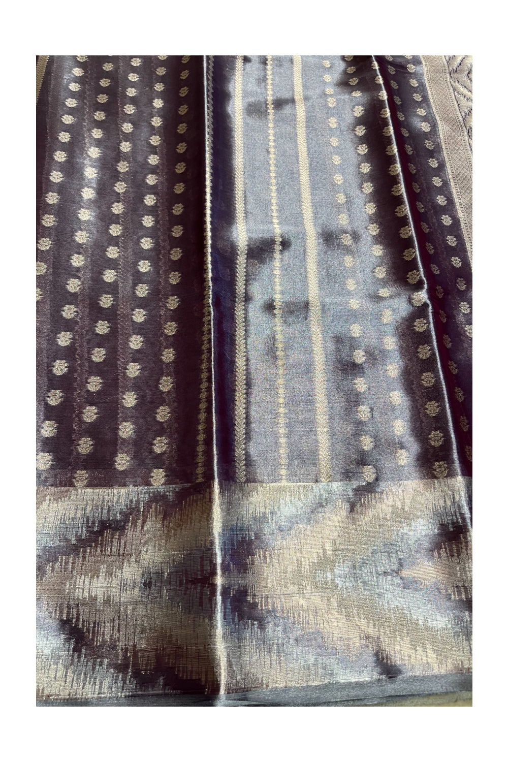 Southloom Tissue Silk Saree with Woven Work on Body and Borders (Golden & Grey)