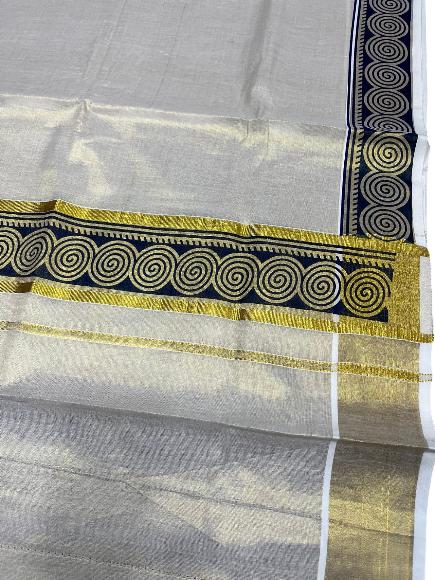Southloom Kerala Tissue Kasavu Plain Saree Blue Hand Printed SL350