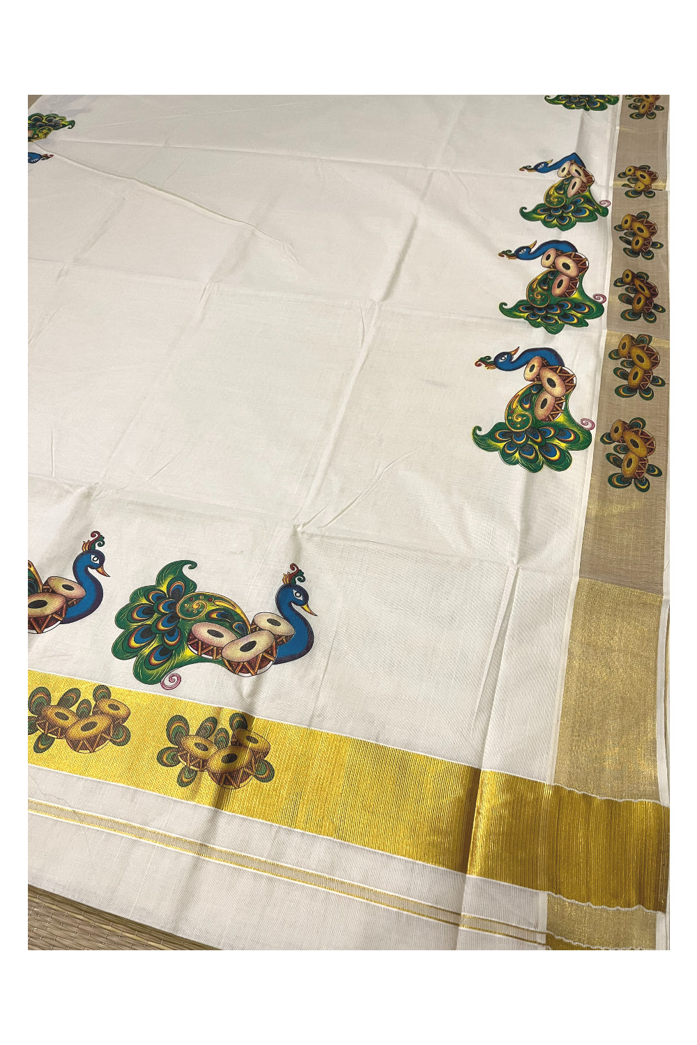 Pure Cotton Kerala Kasavu Saree with Peacock Mural Printed Design