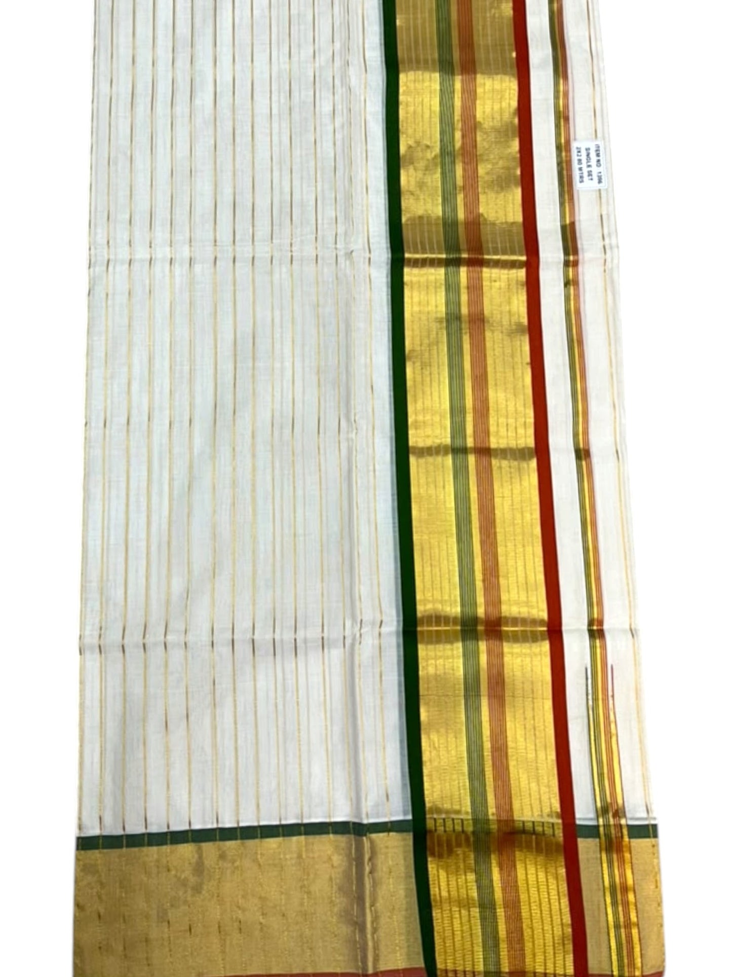 Southloom Premium Handloom Stripes Set Mundu with Maroon & Green Border and Kasavu Lines Across Body 2.80 Mtrs SL632
