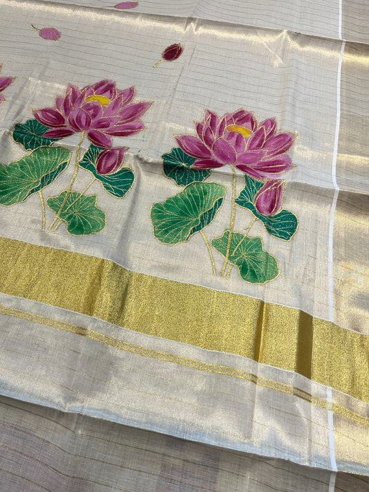 Southloom Tissue Kerala Kasavu Saree with Hand Painted Embroidery Lotus Design