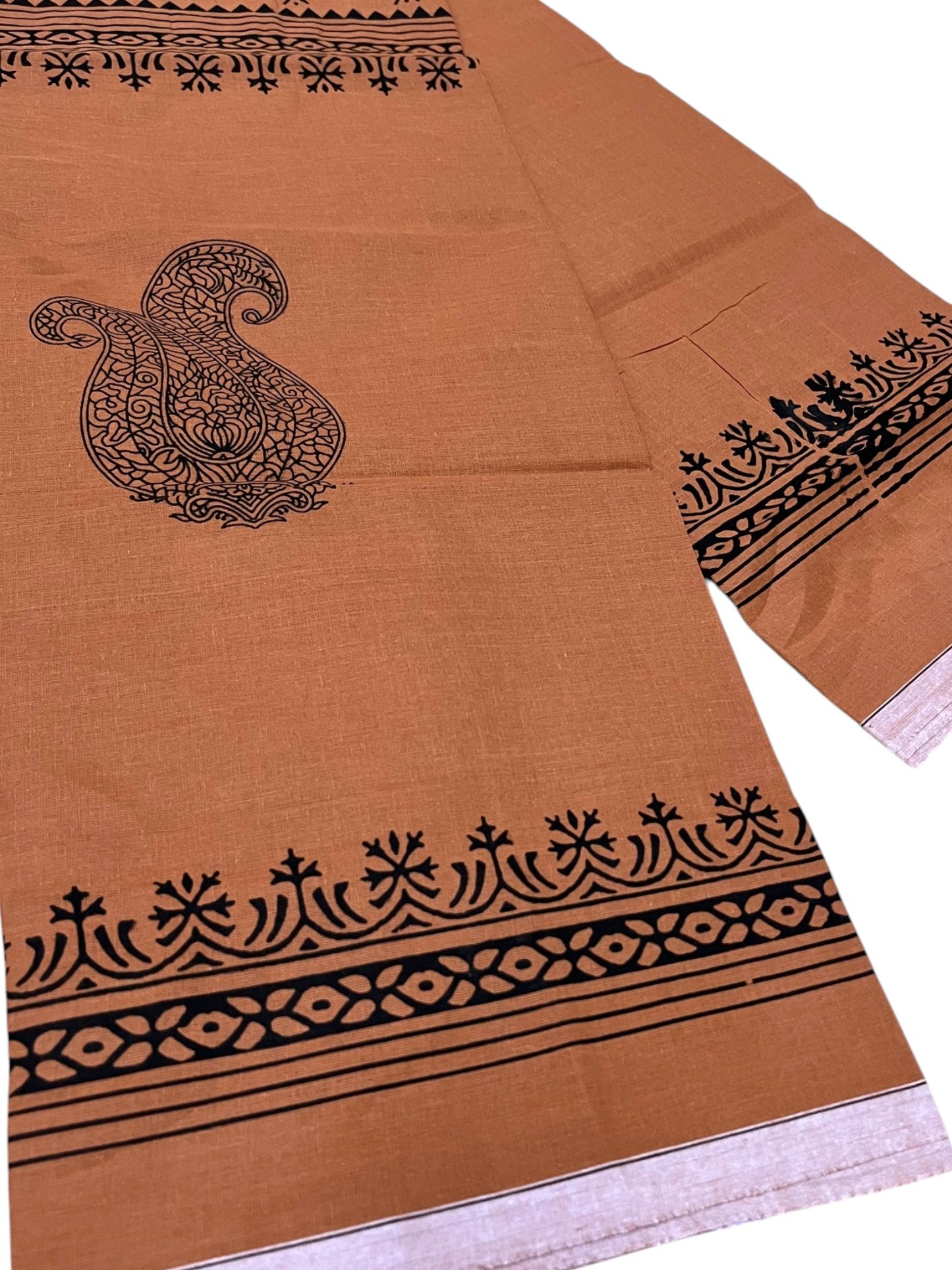 Southloom Saffron (Kaavi) Black Printed Single Mundu / Lungi (South Indian Kerala Dhoti) SL319