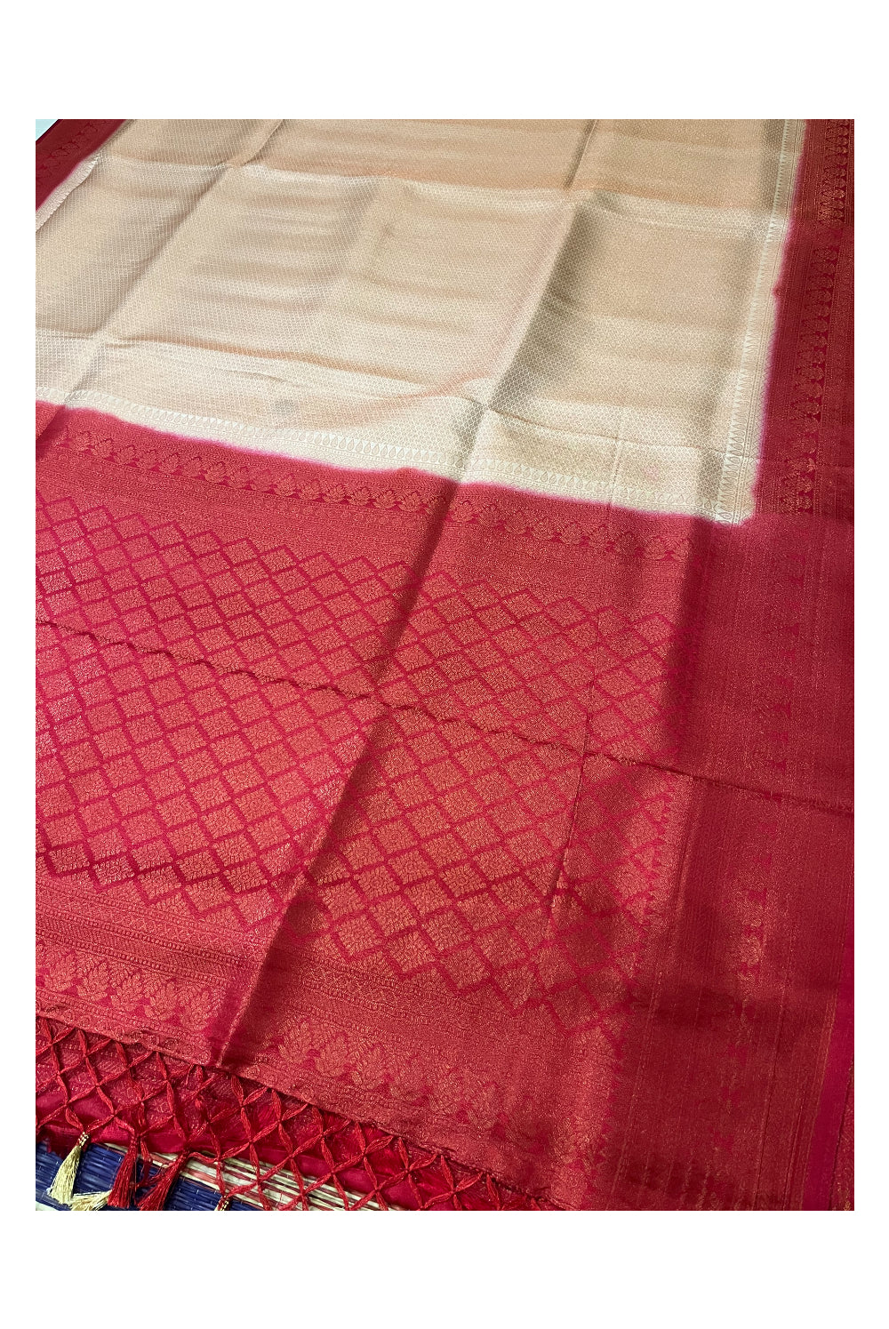 Southloom Soft Silk Beige Designer Saree with Red Border