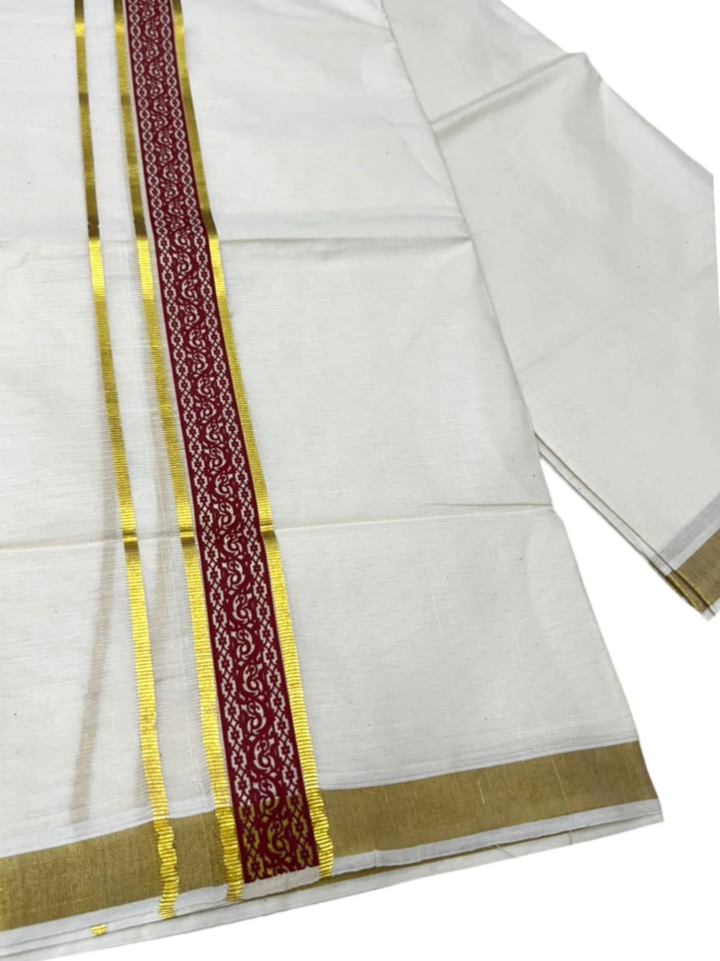 Southloom Pure Cotton Double Mundu with Maroon Block Printed And Ksavu Border (South Indian Kerala Dhoti)