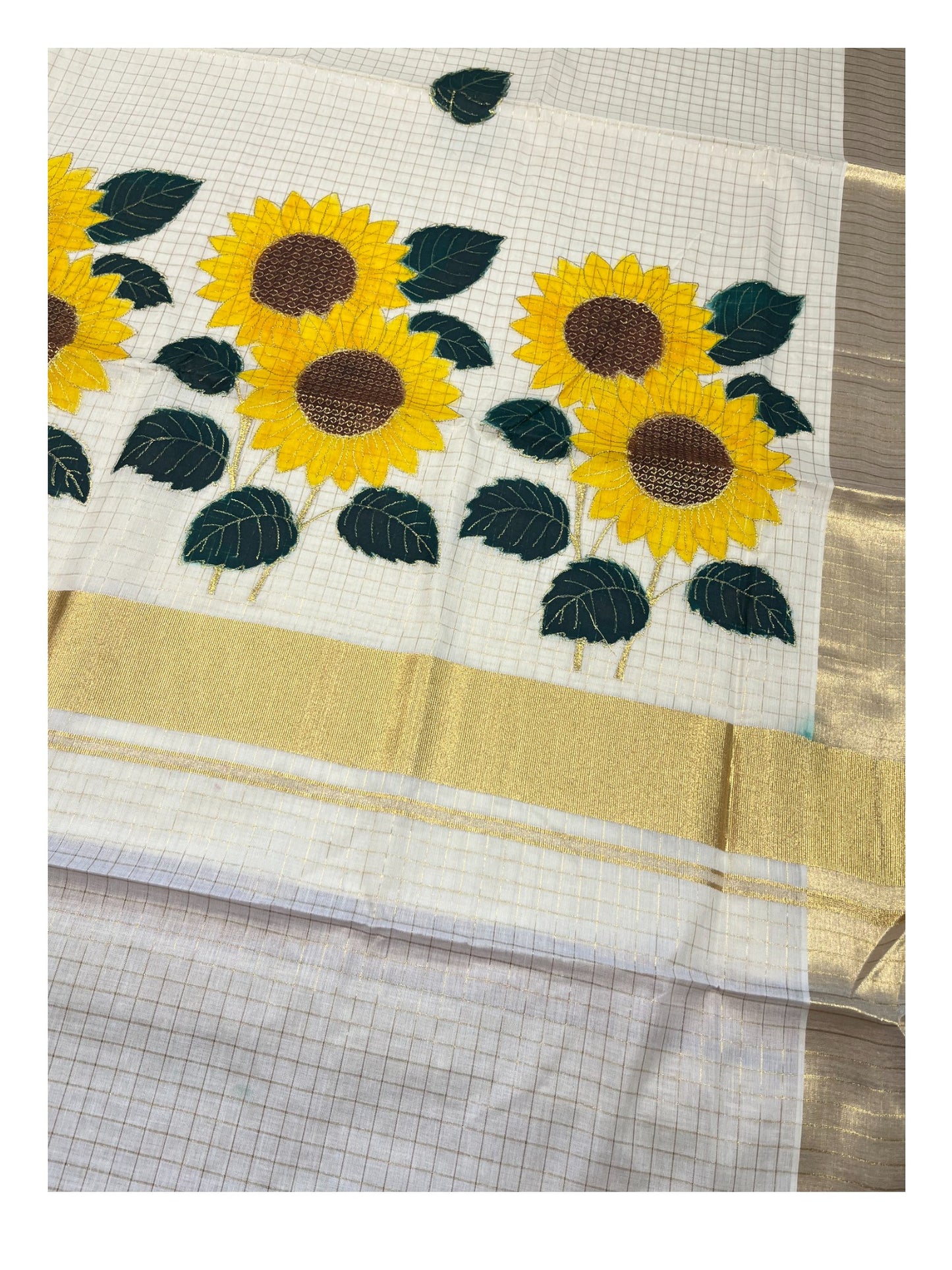 Southloom Kerala Cotton Kasavu Cheack Saree with Embroidery Wor in Yellow Floral Print