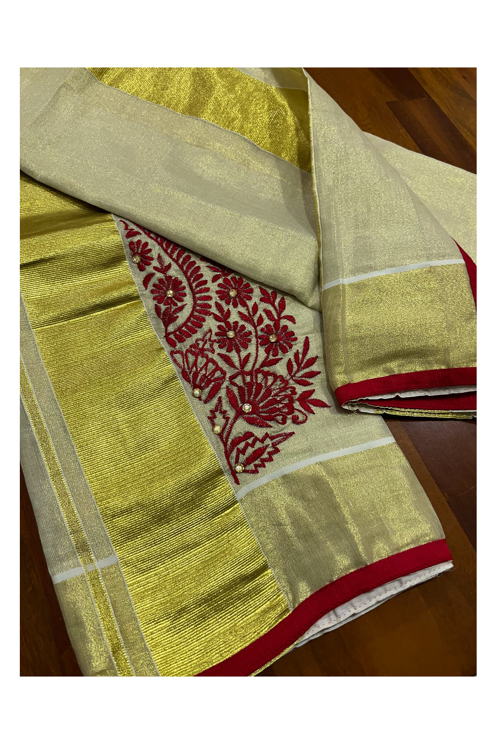 Kerala Tissue Kasavu Set Mundu (Mundum Neriyathum) with Handwork Embroidery Design and Red Blouse Piece