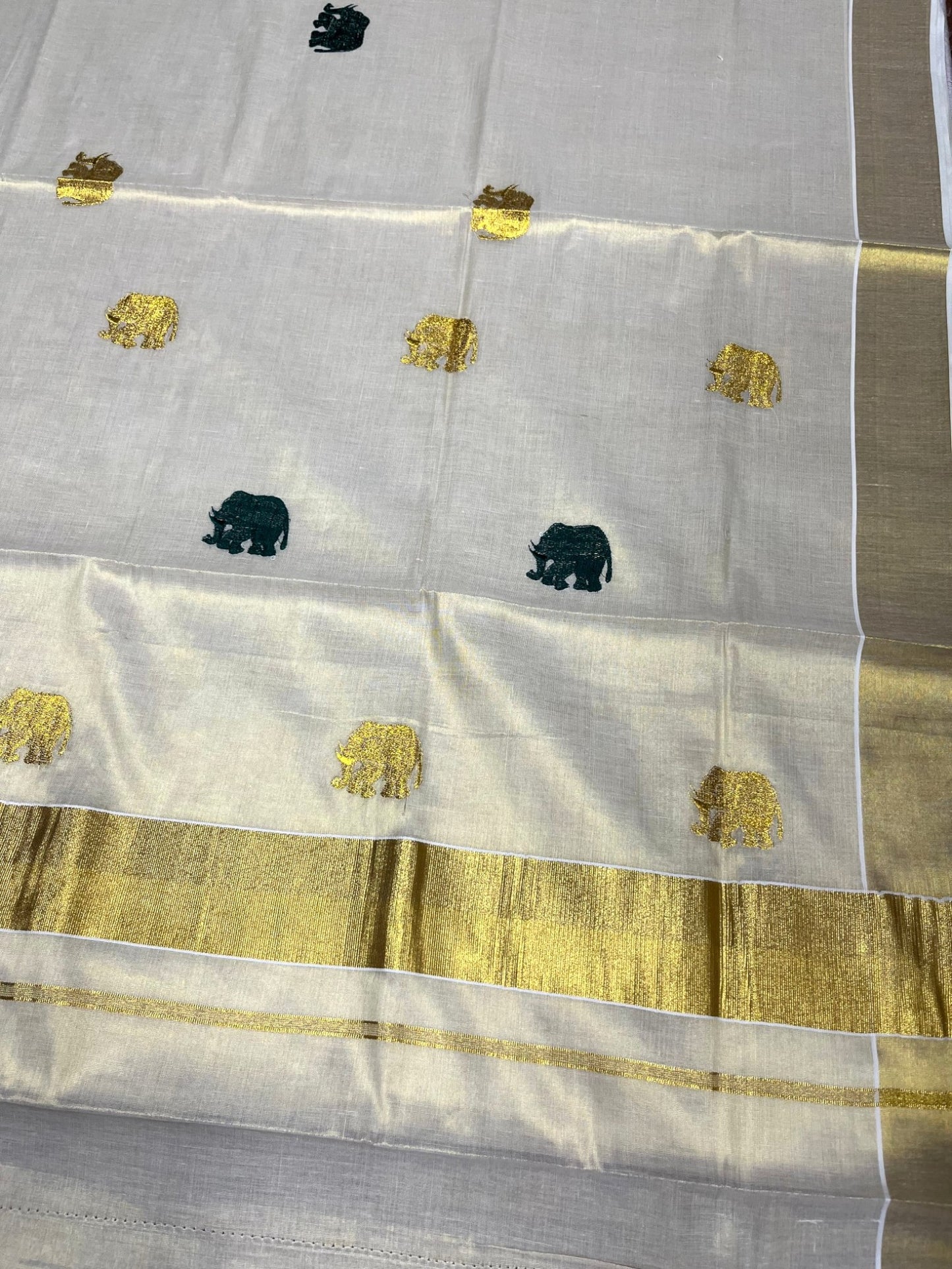 Southloom Kerala Tissue Kasavu Plain Saree with Gold & Green Elephant  Embroidery Work