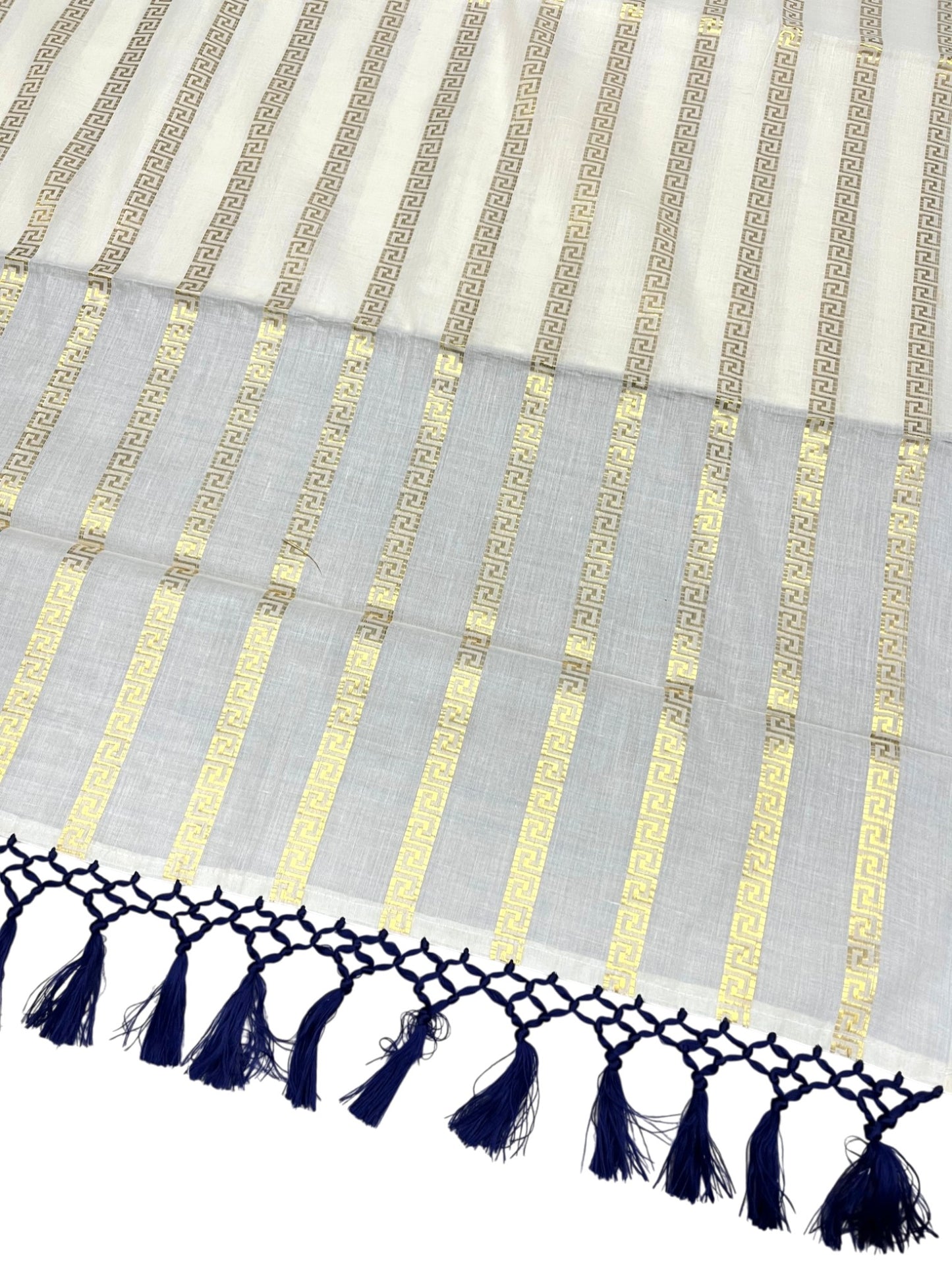 Southloom Cotton Kerala Kasavu Saree with Stripes on Body and Blue Tussels