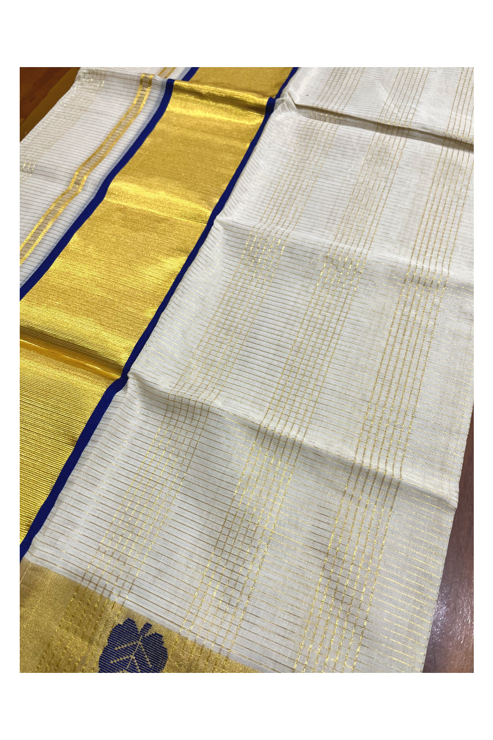 Southloom Handloom Premium Cotton Kasavu Striped Set Mundu With Blue Leaf Woven Patterns (Mundum Neriyathum) 2.70 Mtrs