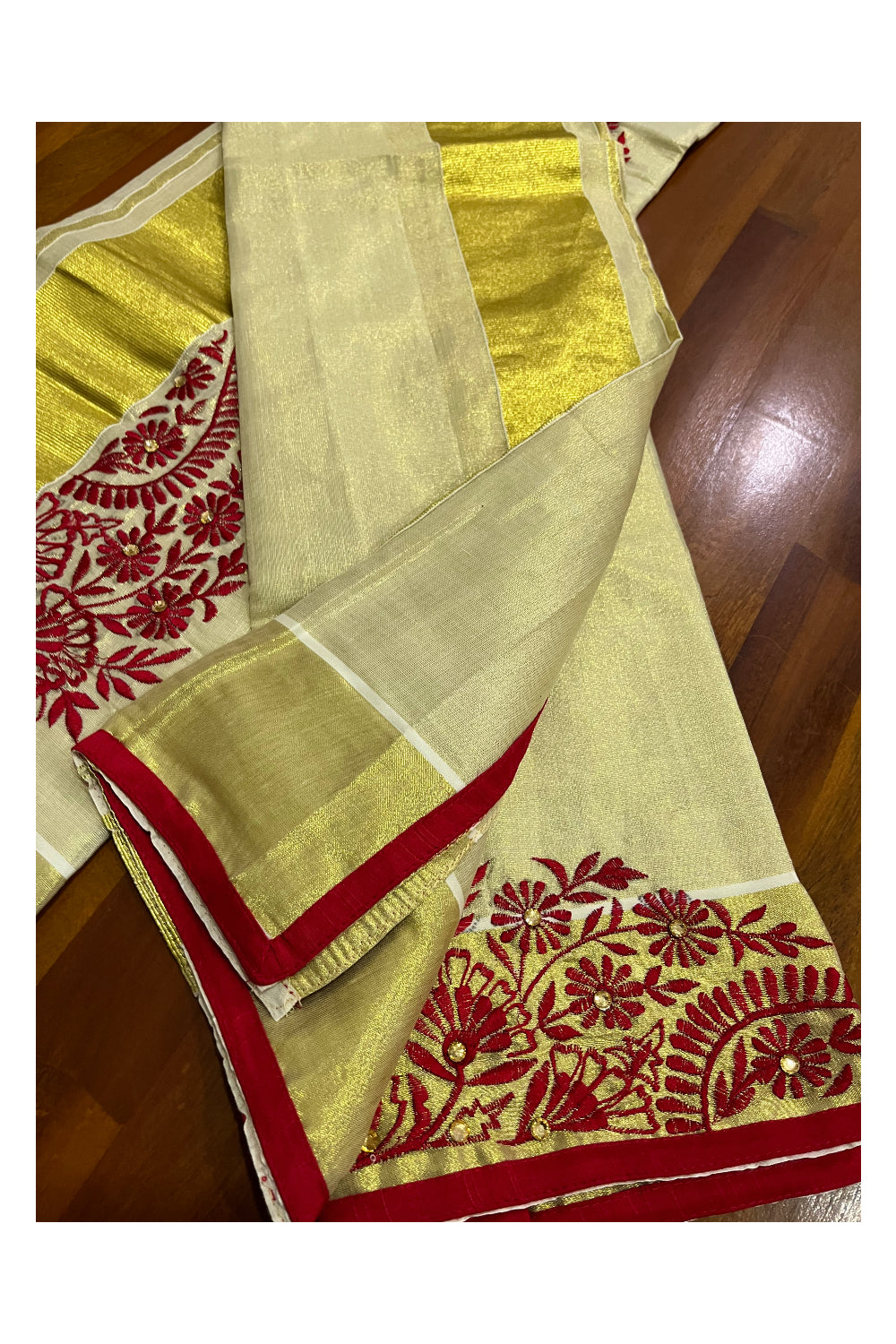 Kerala Tissue Kasavu Set Mundu (Mundum Neriyathum) with Handwork Embroidery Design and Red Blouse Piece