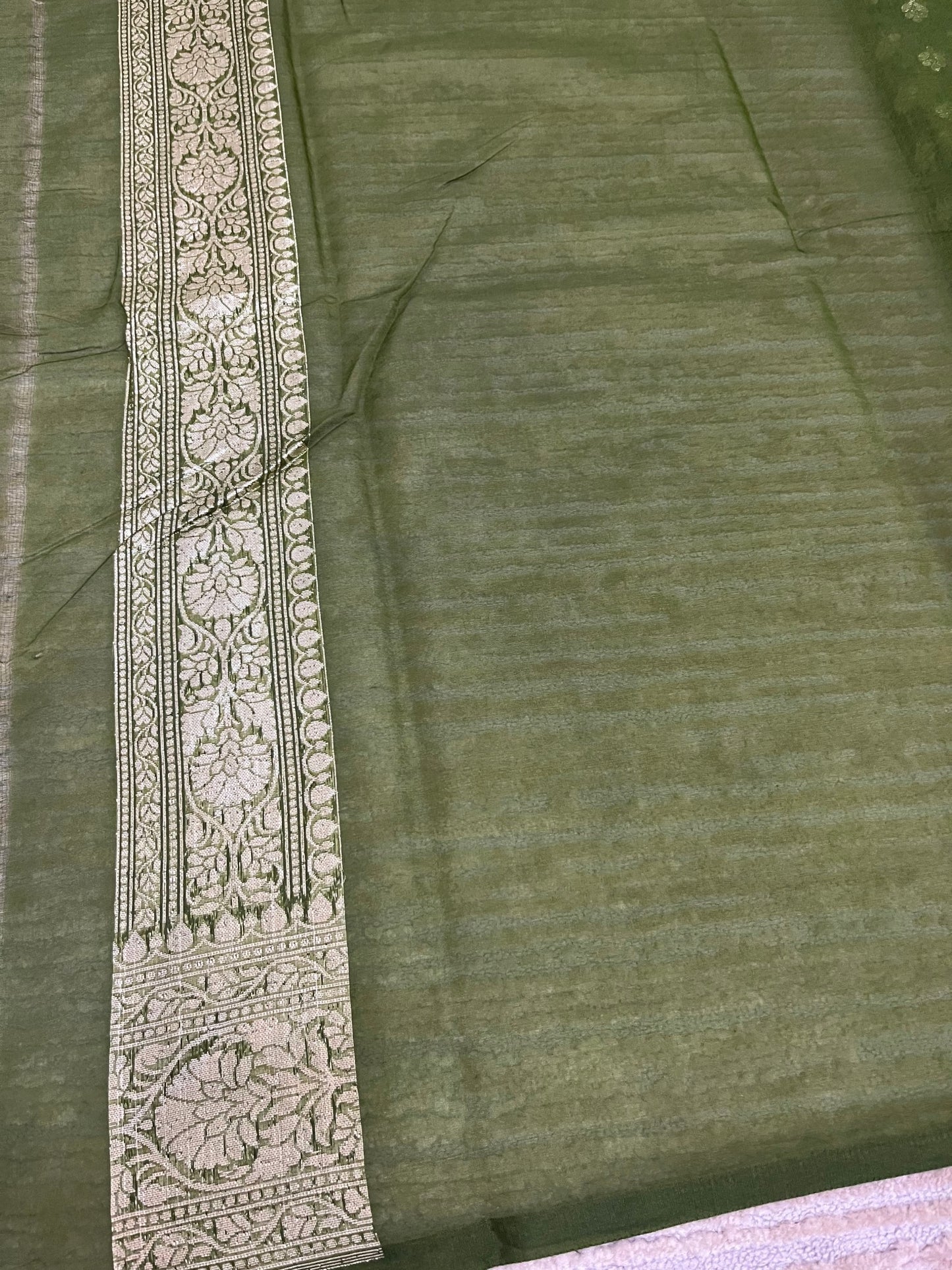 Southloom Cotton Banarasi Silk Saree with Woven Work on Body and Borders (Green)