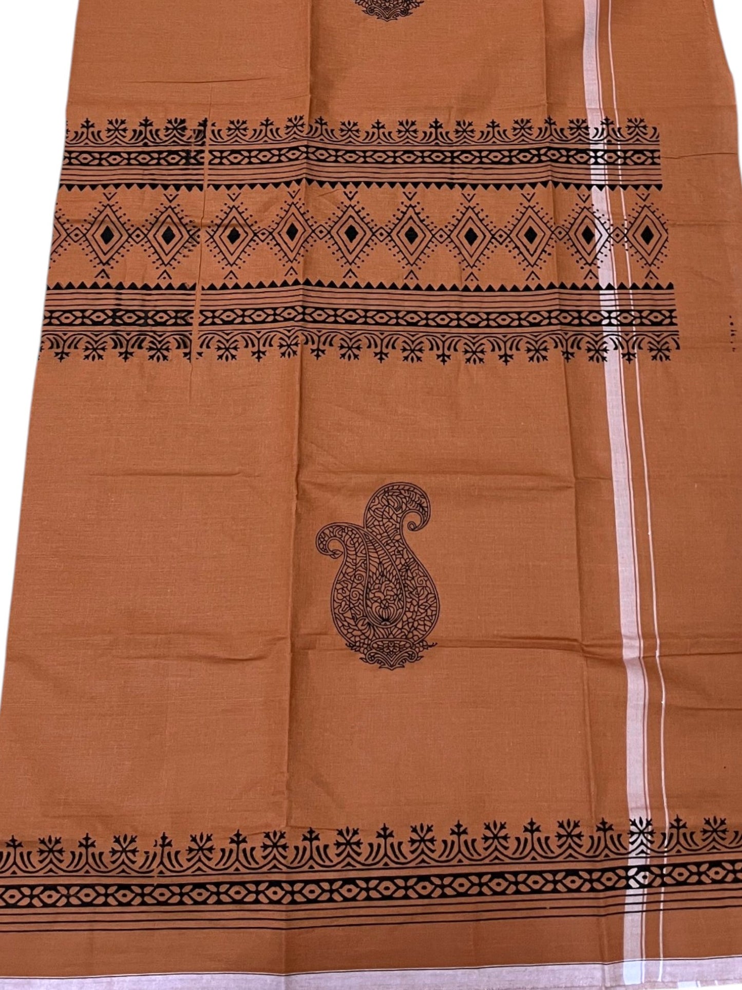 Southloom Saffron (Kaavi) Black Printed Single Mundu / Lungi (South Indian Kerala Dhoti) SL319